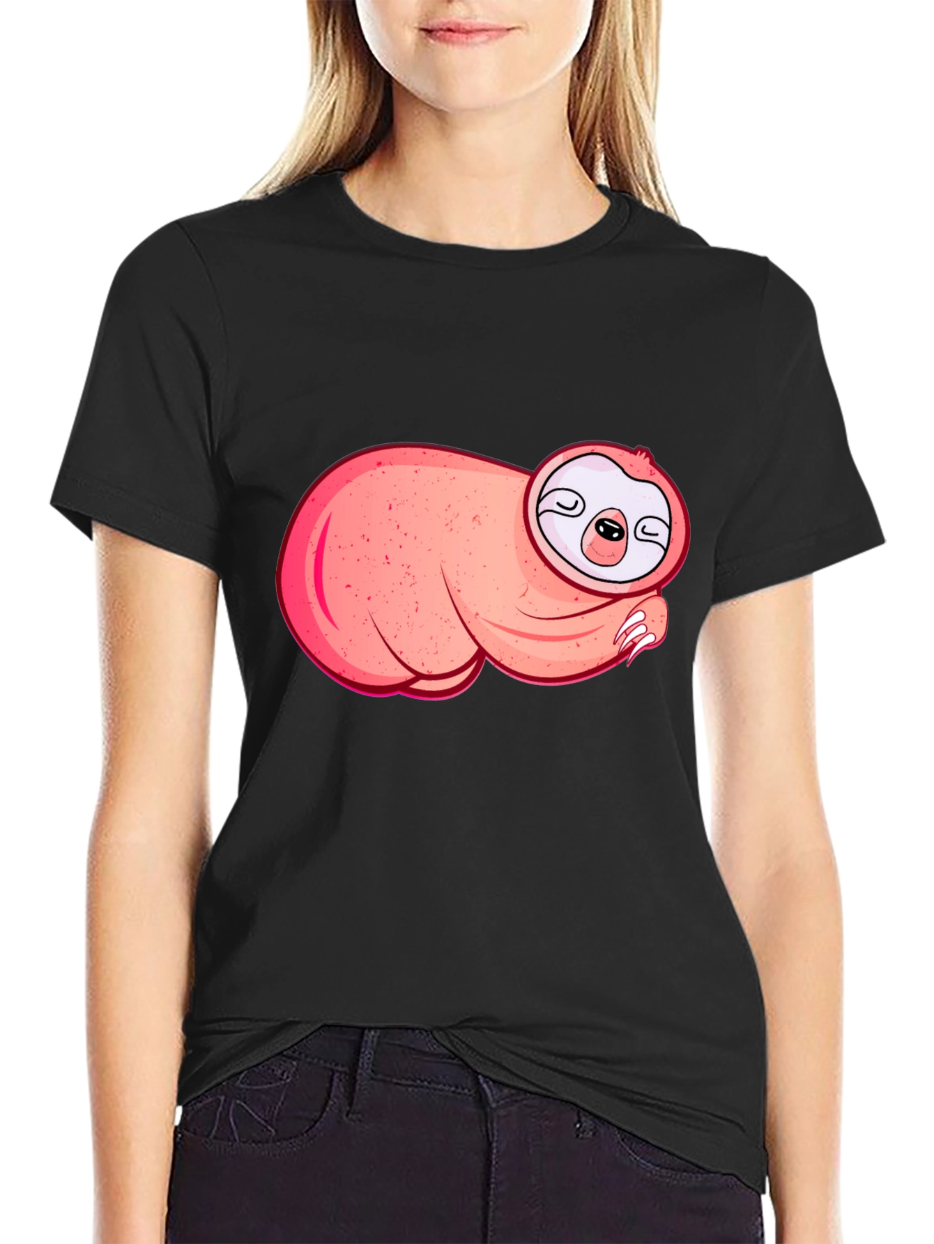 Black Cute Sloth Graphic T-Shirt - Black view 2