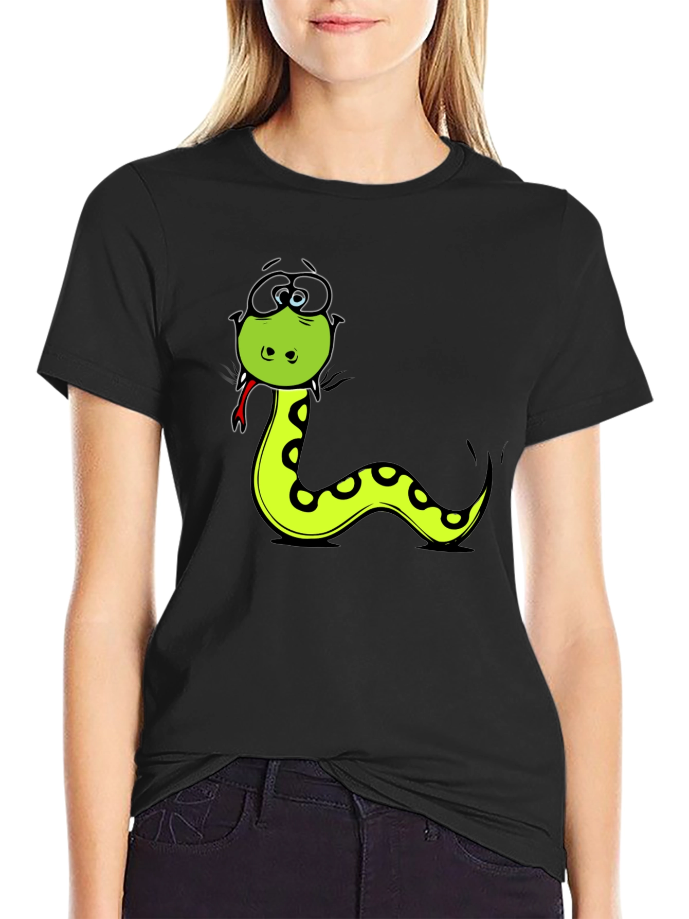 Black Funny Snake Cartoon Graphic T-Shirt view 2