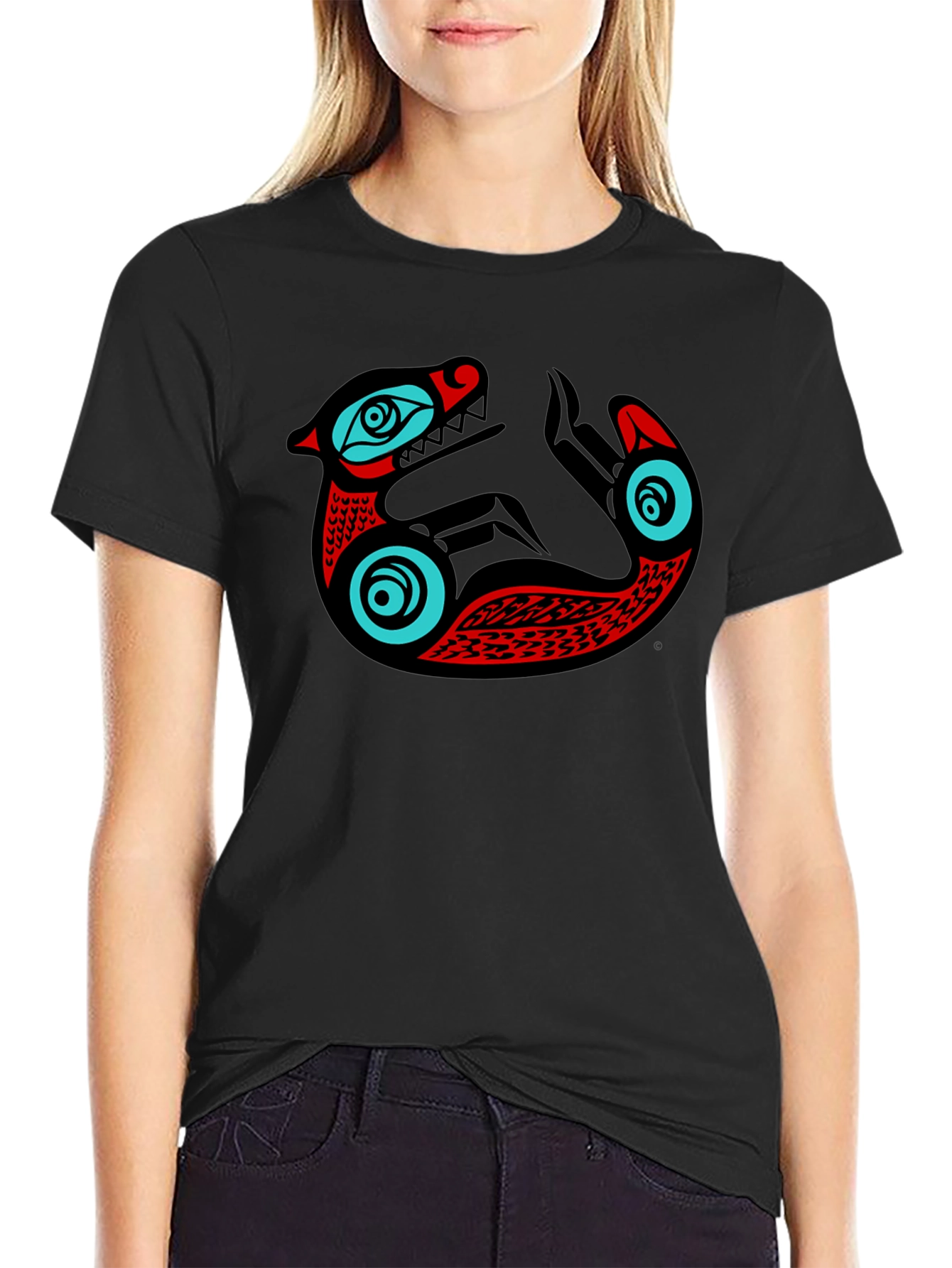 Black Native Style Sea Serpent Graphic Black T-Shirt view 2