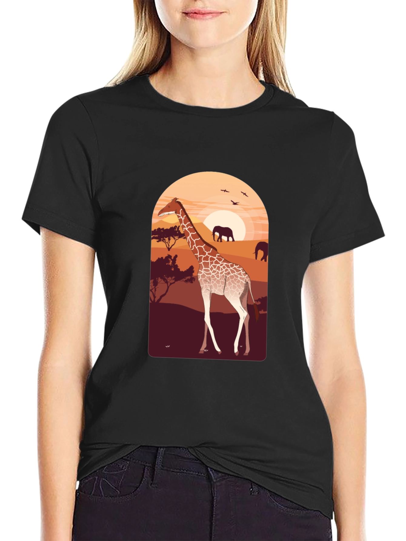 Black Safari Giraffe Graphic Tee - Unisex Black T-Shirt view 2