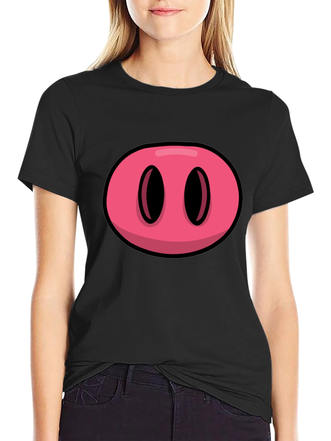Black Cartoon Pig Nose Graphic Black T-Shirt view 2