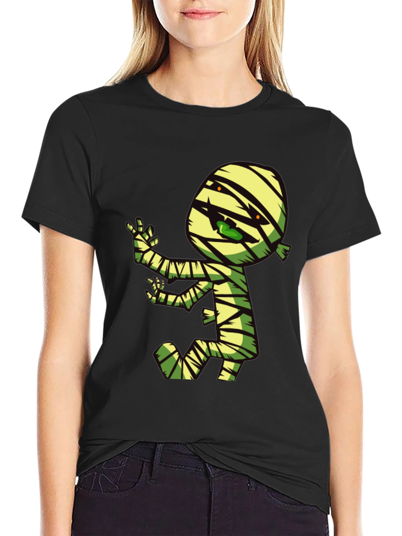 Black Cartoon Mummy Graphic T-Shirt - Spooky Fun! view 2