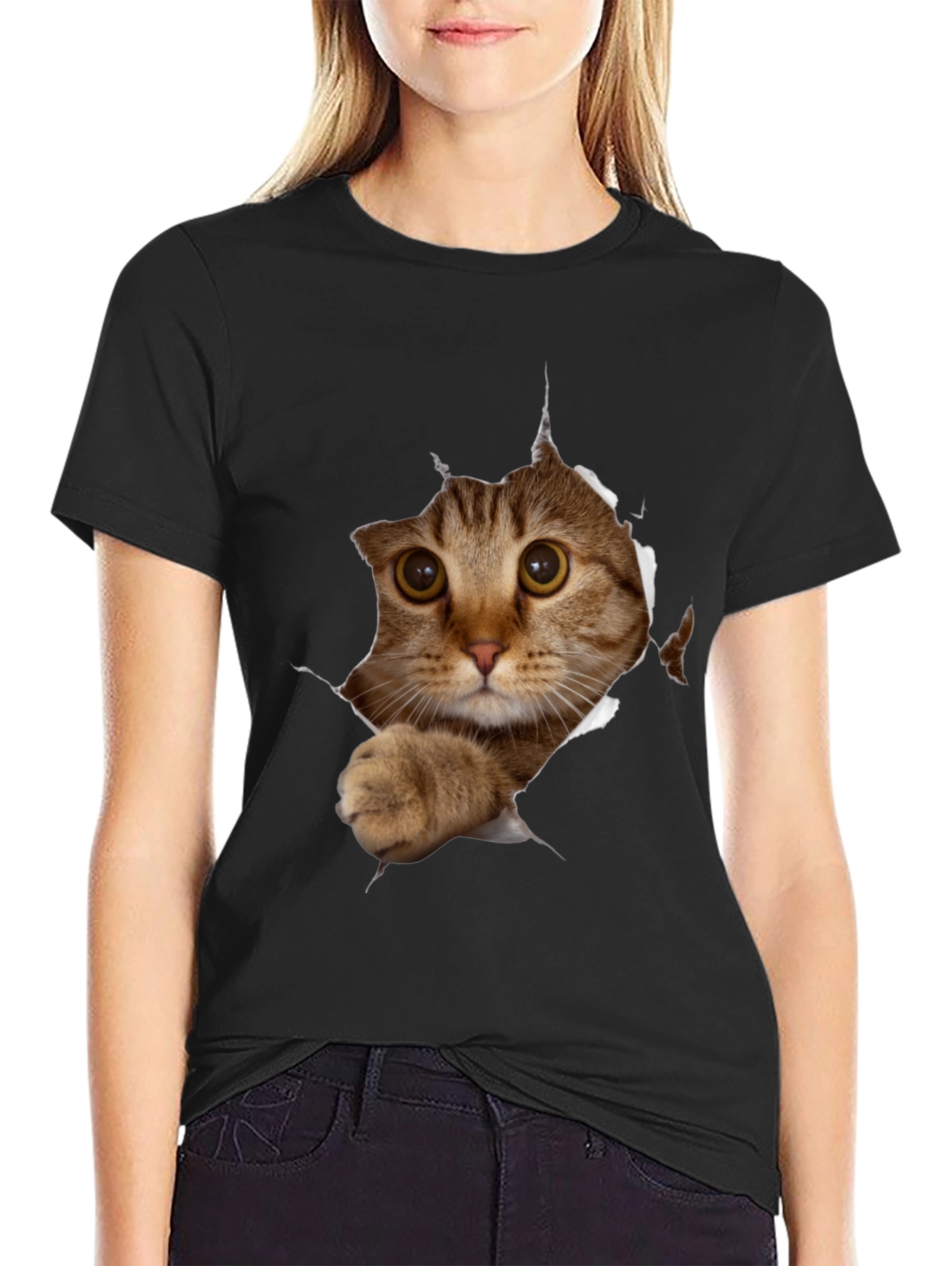 Black Cat Peeking T-Shirt - 3D Graphic Tee view 2