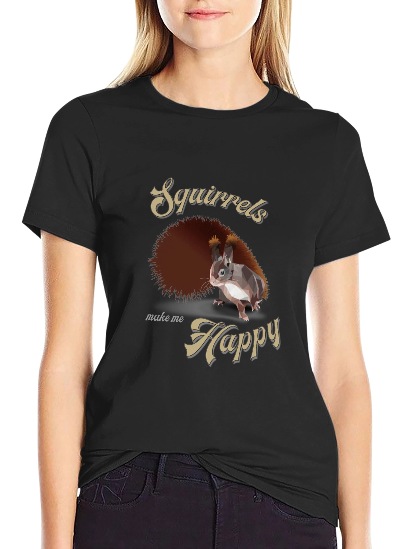 Black Squirrels Make Me Happy Graphic Tee - Casual Black T-Shirt view 2
