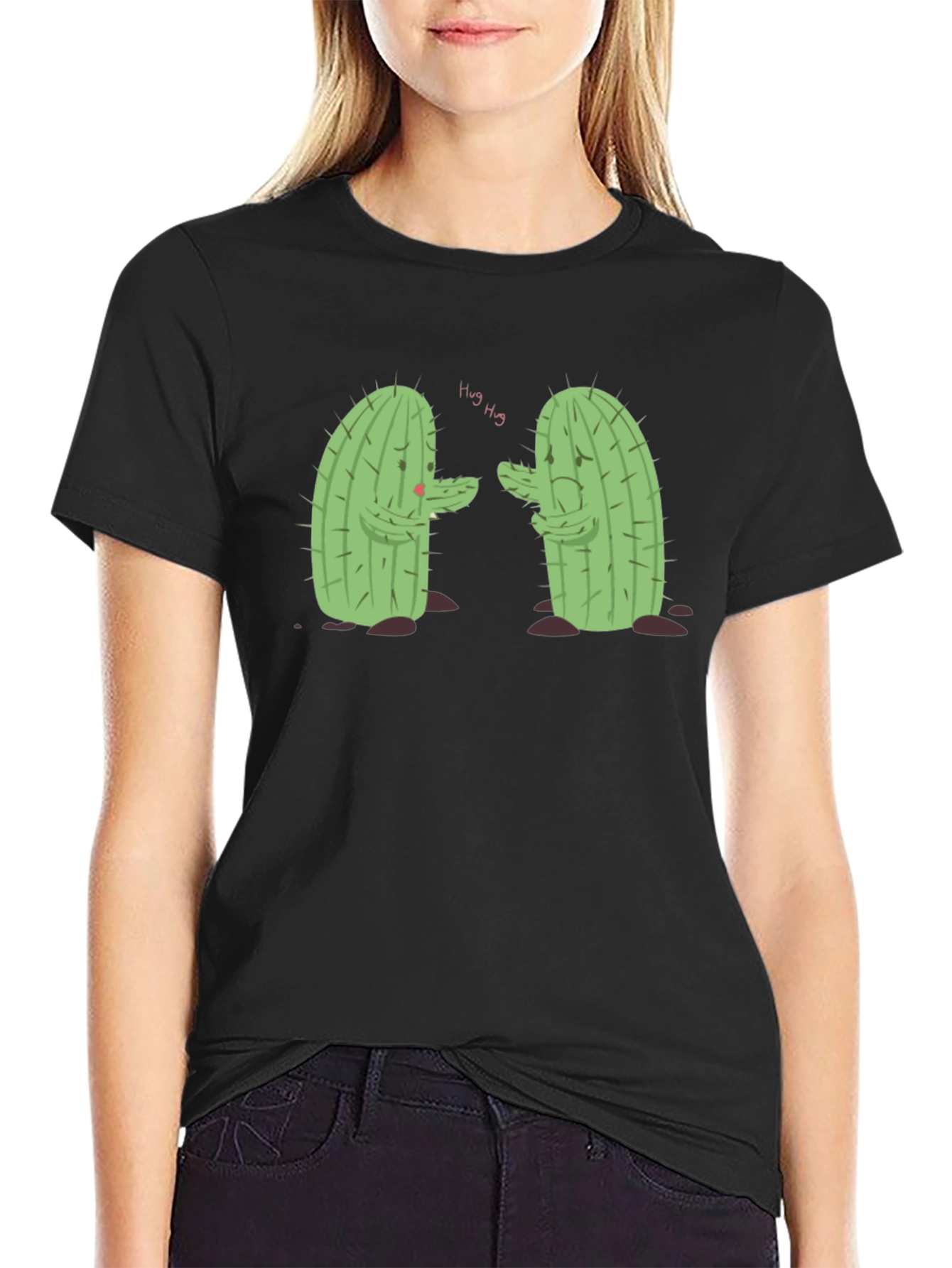 Black Sad Cactus Hug T-Shirt - Funny Graphic Tee view 2
