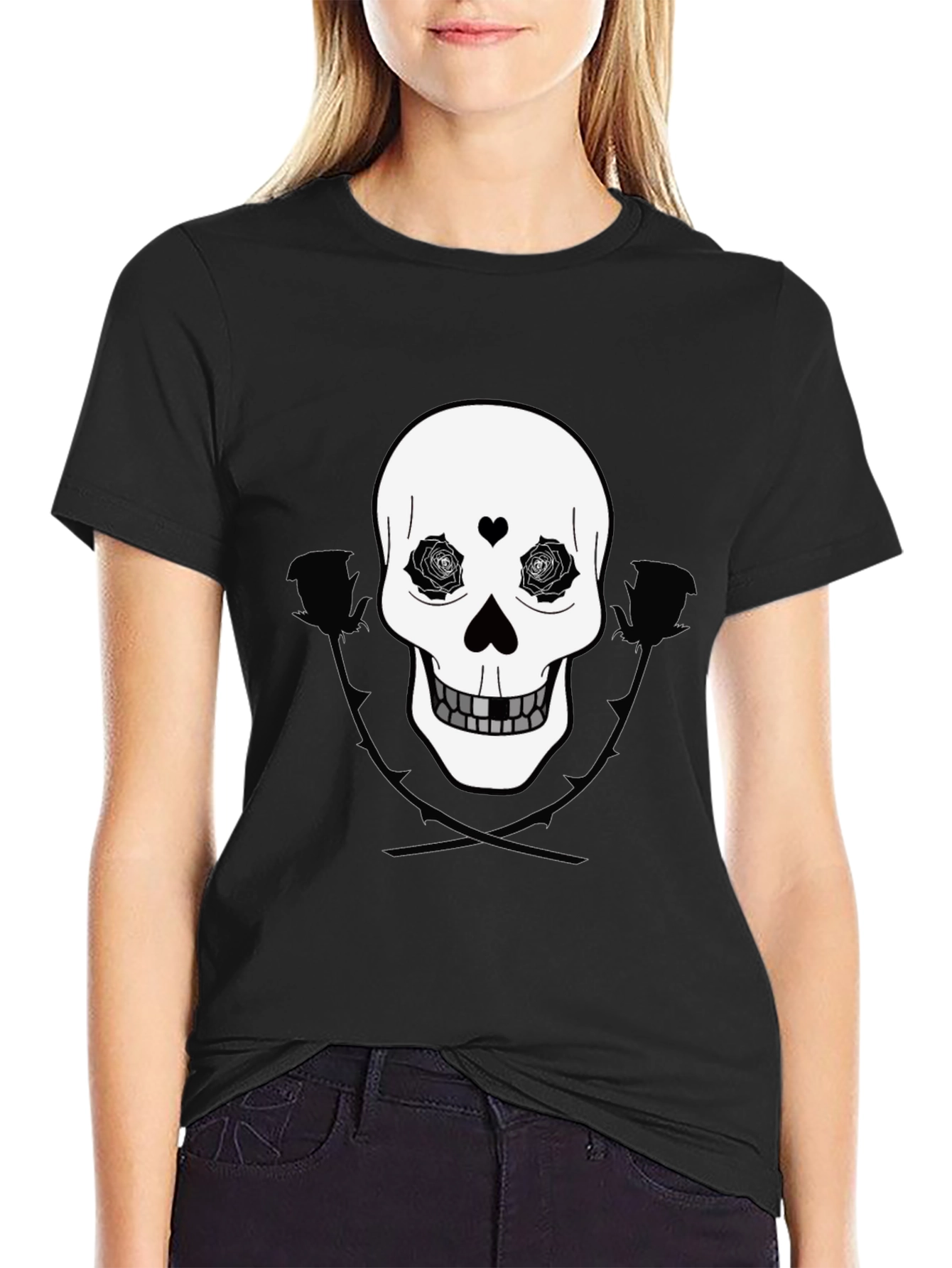 Black Skull & Roses Graphic Tee - Black Cotton Casual Wear view 2