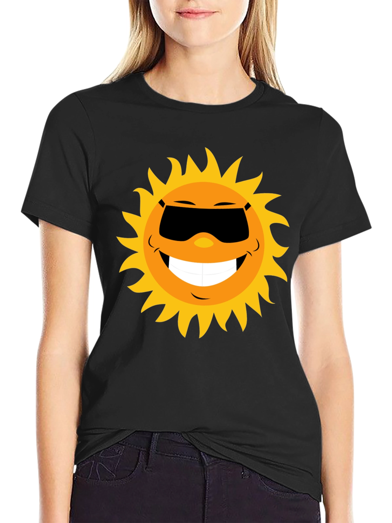 Black Smiling Sun Graphic Tee - Black Cotton Blend Shirt view 2