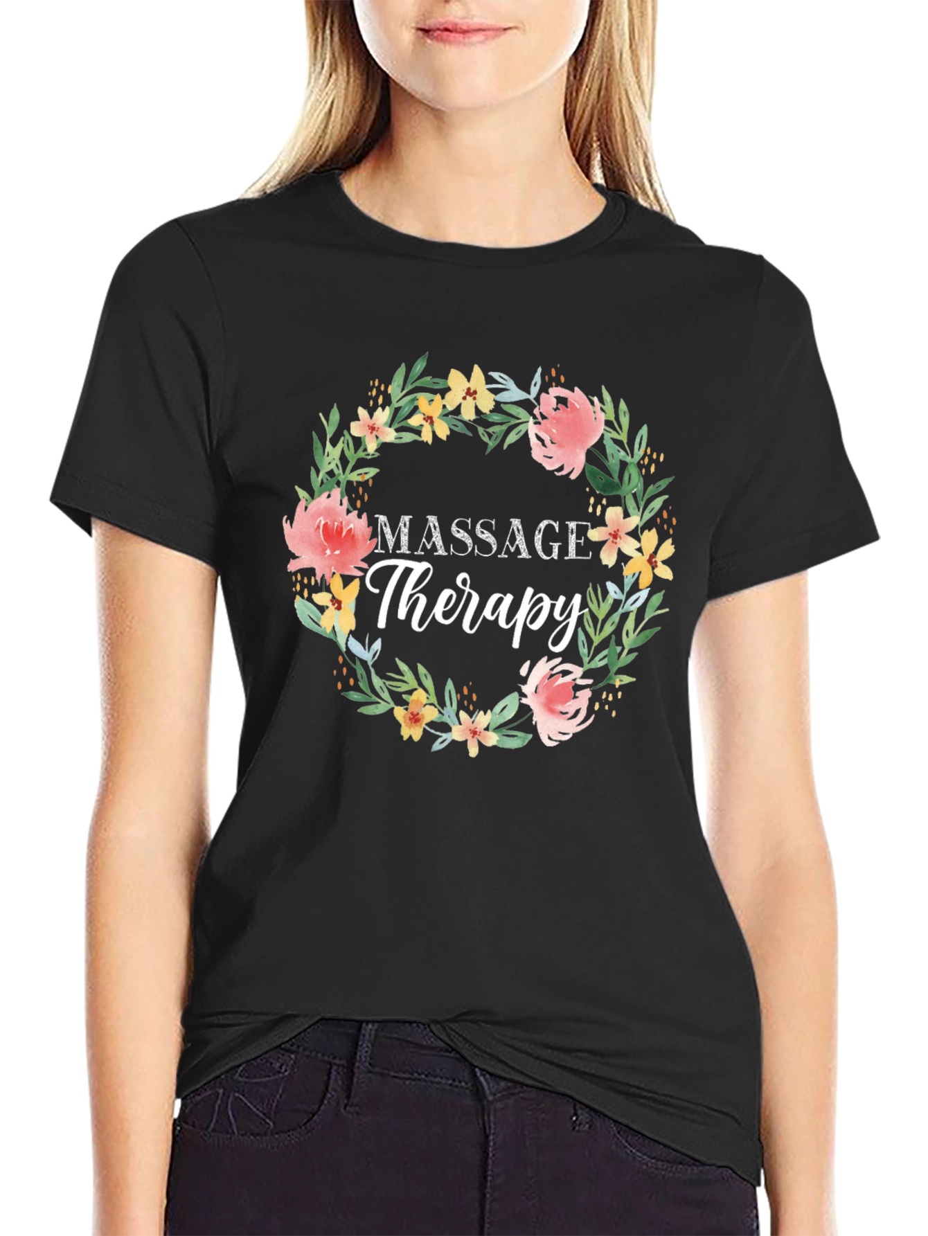 Black Massage Therapy Floral Wreath T-Shirt view 2