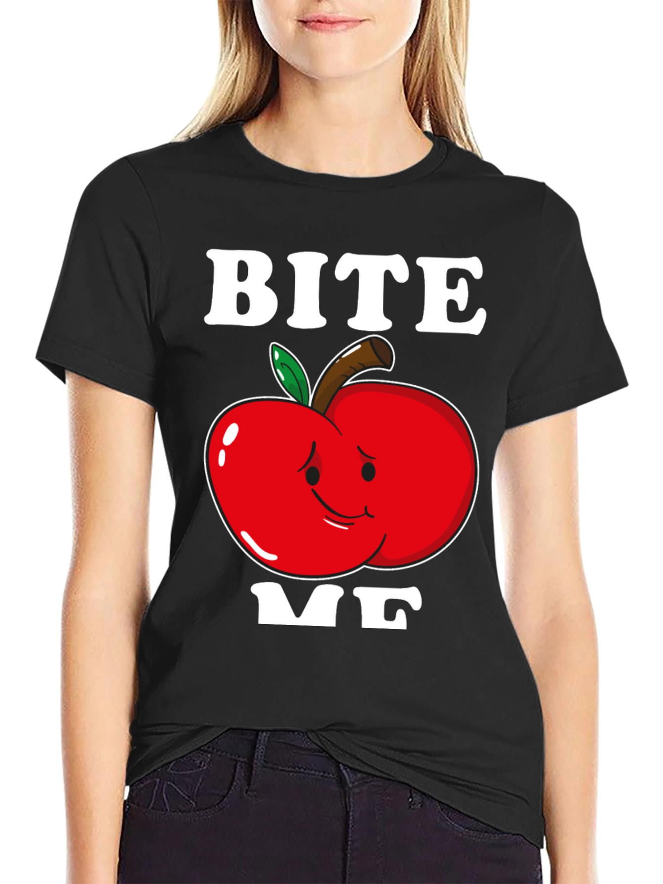 Black Bite Me Apple T-Shirt - Funny Graphic Tee view 2