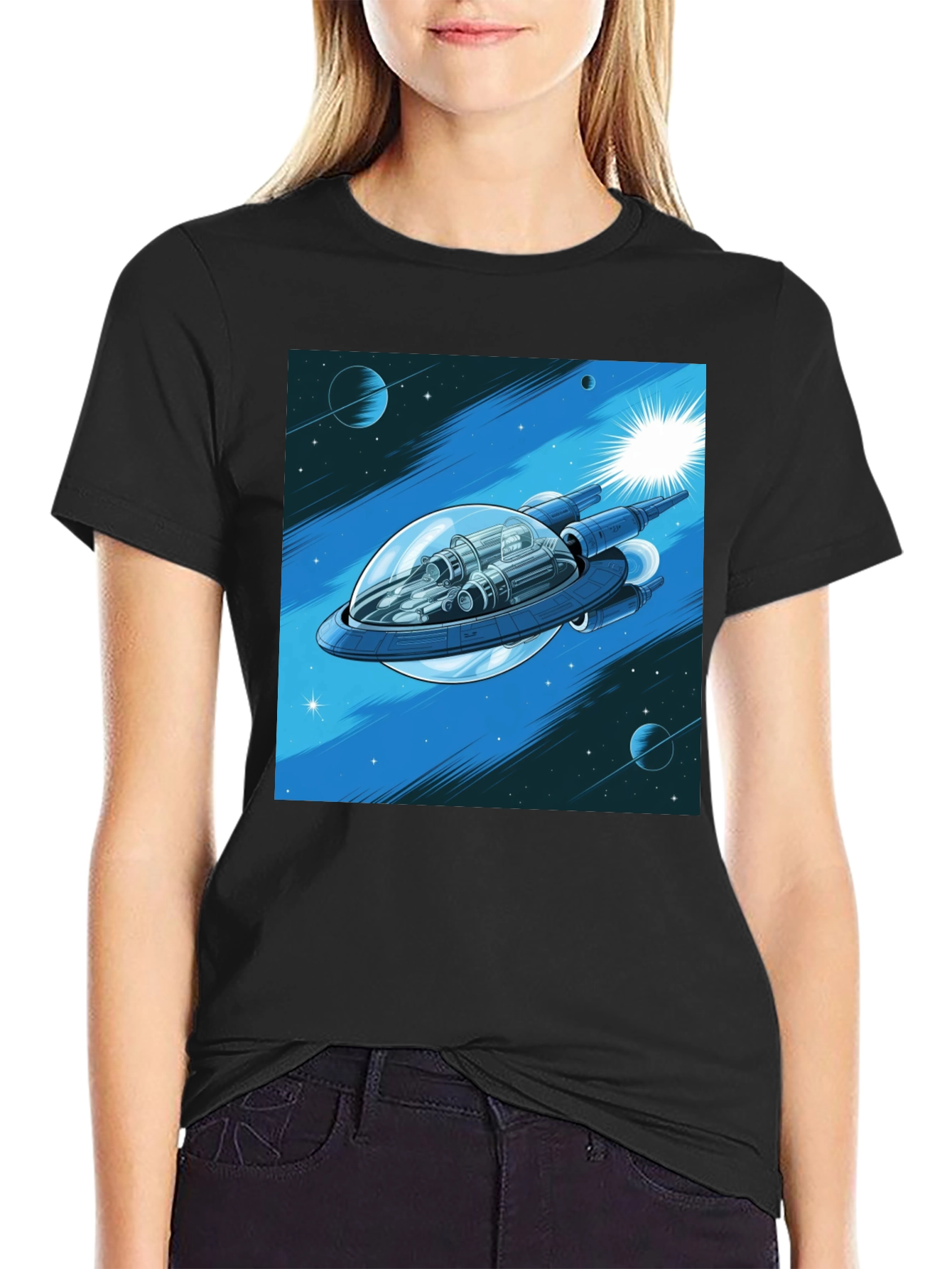 Black Sci-Fi Spaceship Graphic T-Shirt view 2
