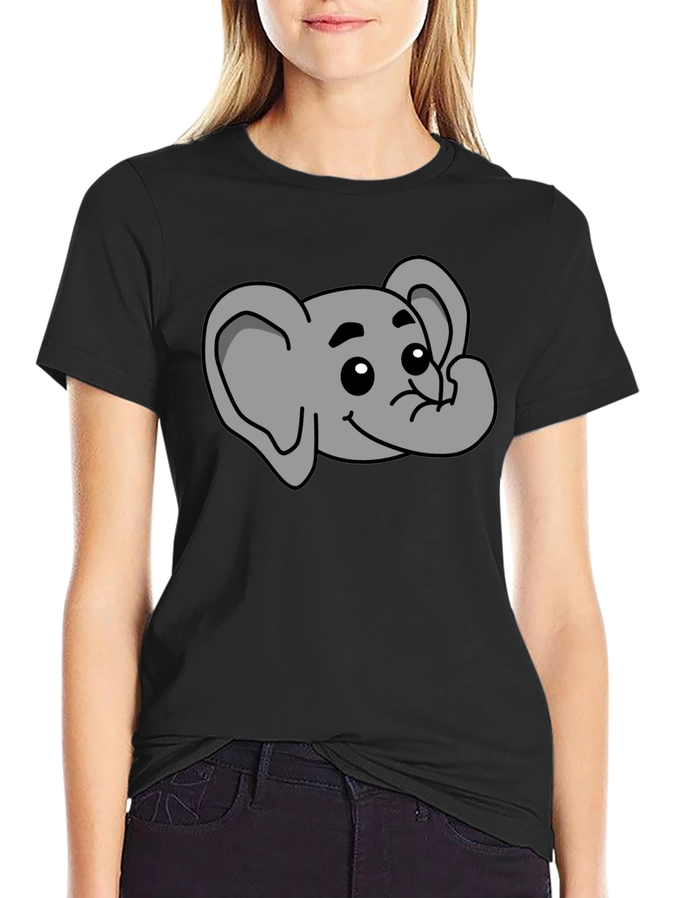 Black Cute Elephant Graphic T-Shirt - Black Cotton Tee view 2