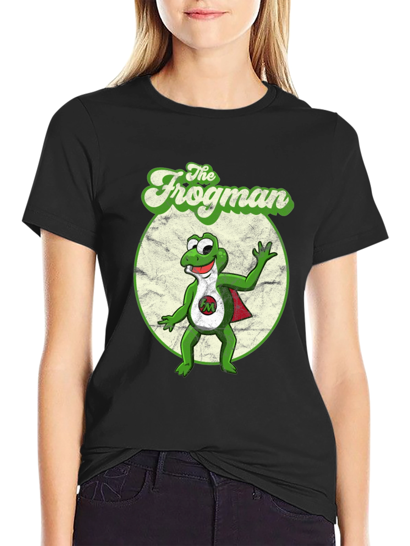 Black The Frogman Black T-Shirt - Retro Cartoon Superhero Tee view 2