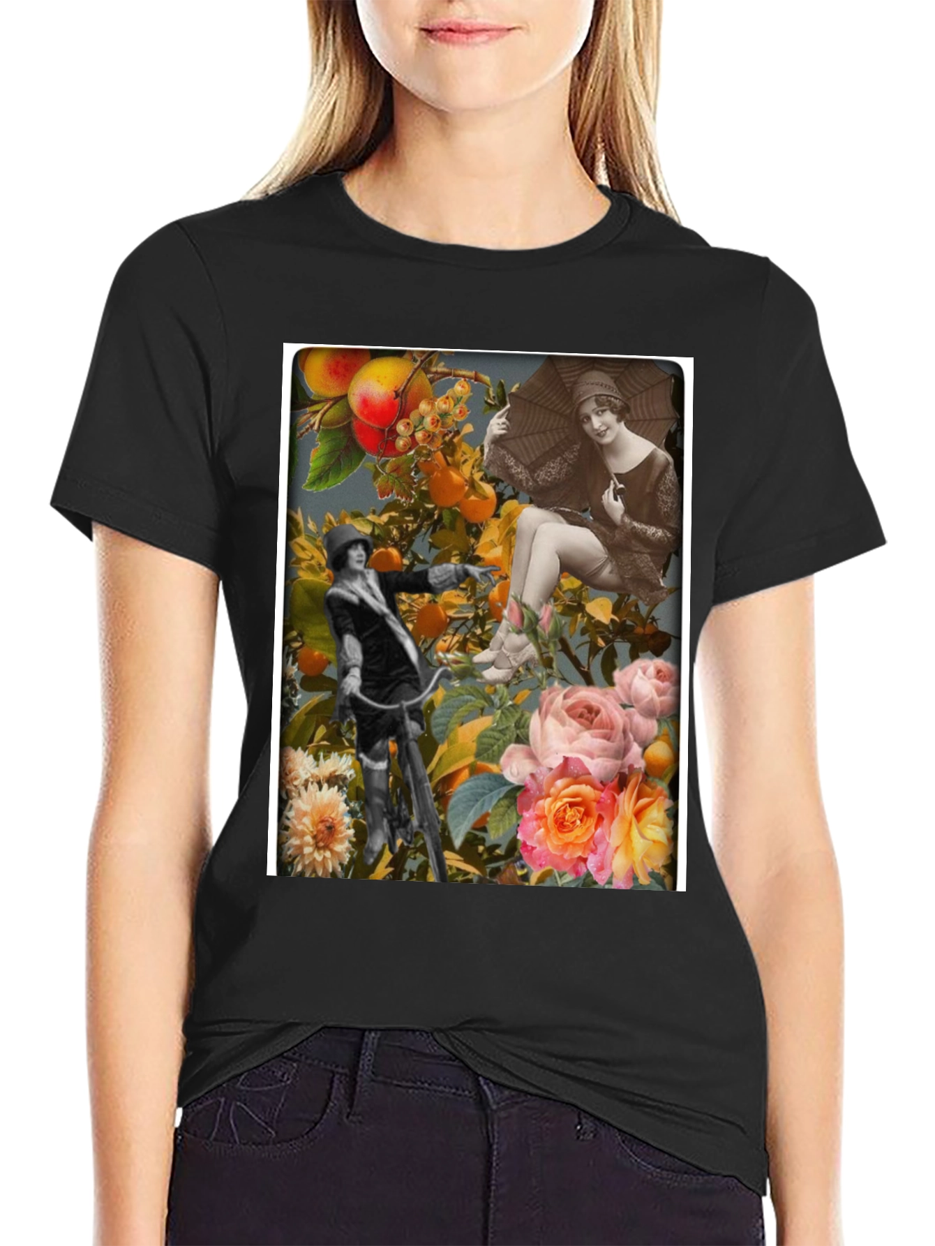 Black Vintage Collage Print Black T-Shirt view 2