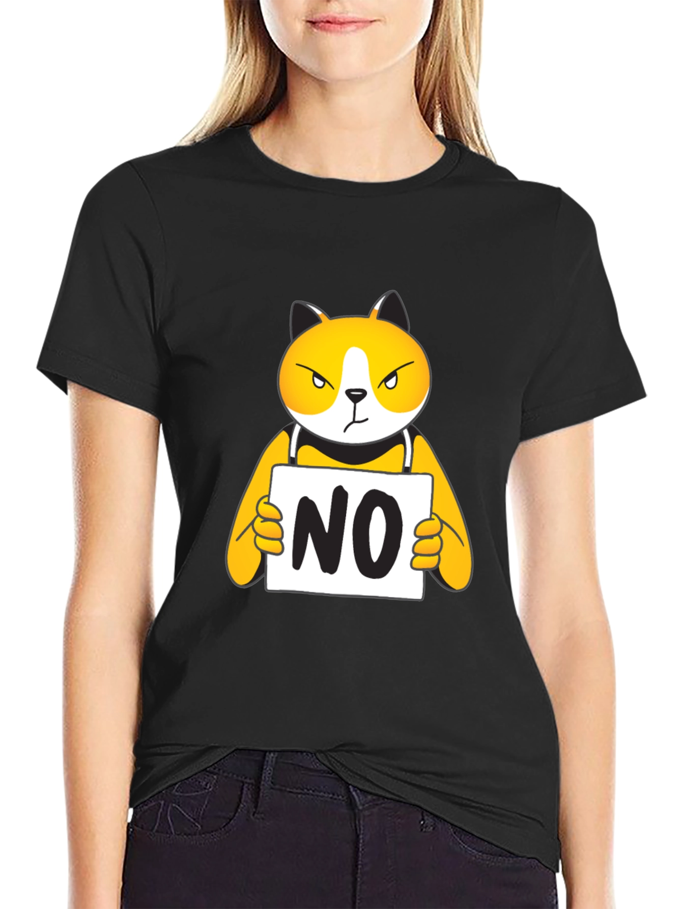 Black Funny 'NO' Cat Graphic T-Shirt view 2