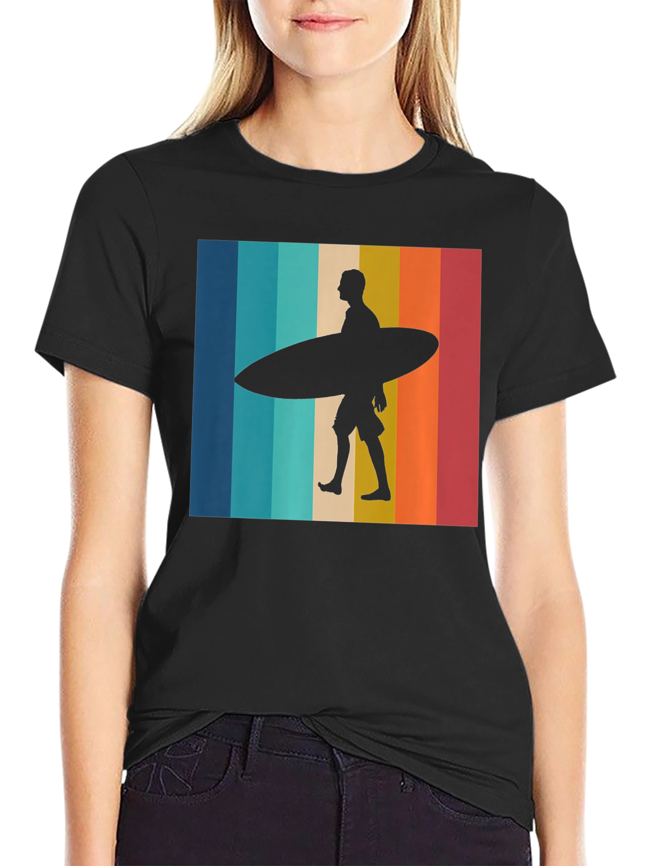 Black Retro Surfer Graphic Tee - Black Cotton T-Shirt view 2