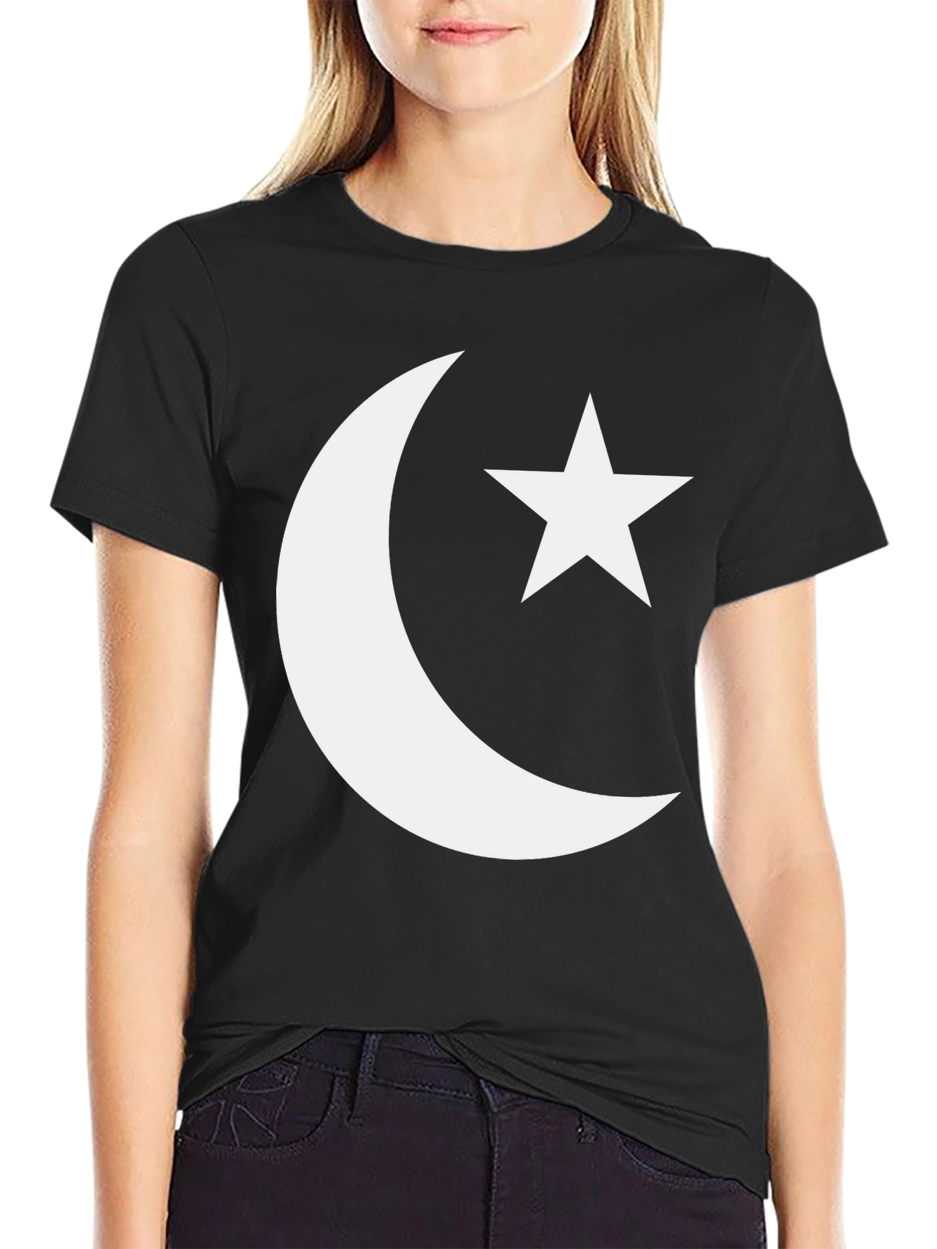 Black Crescent Moon & Star Graphic Tee - Black Cotton Blend view 2