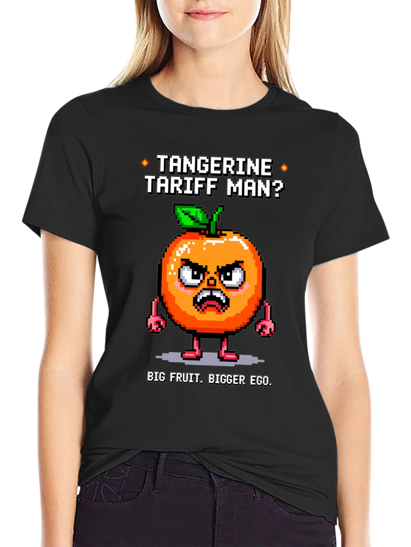 Black Tangerine Tariff Man Black T-Shirt view 2