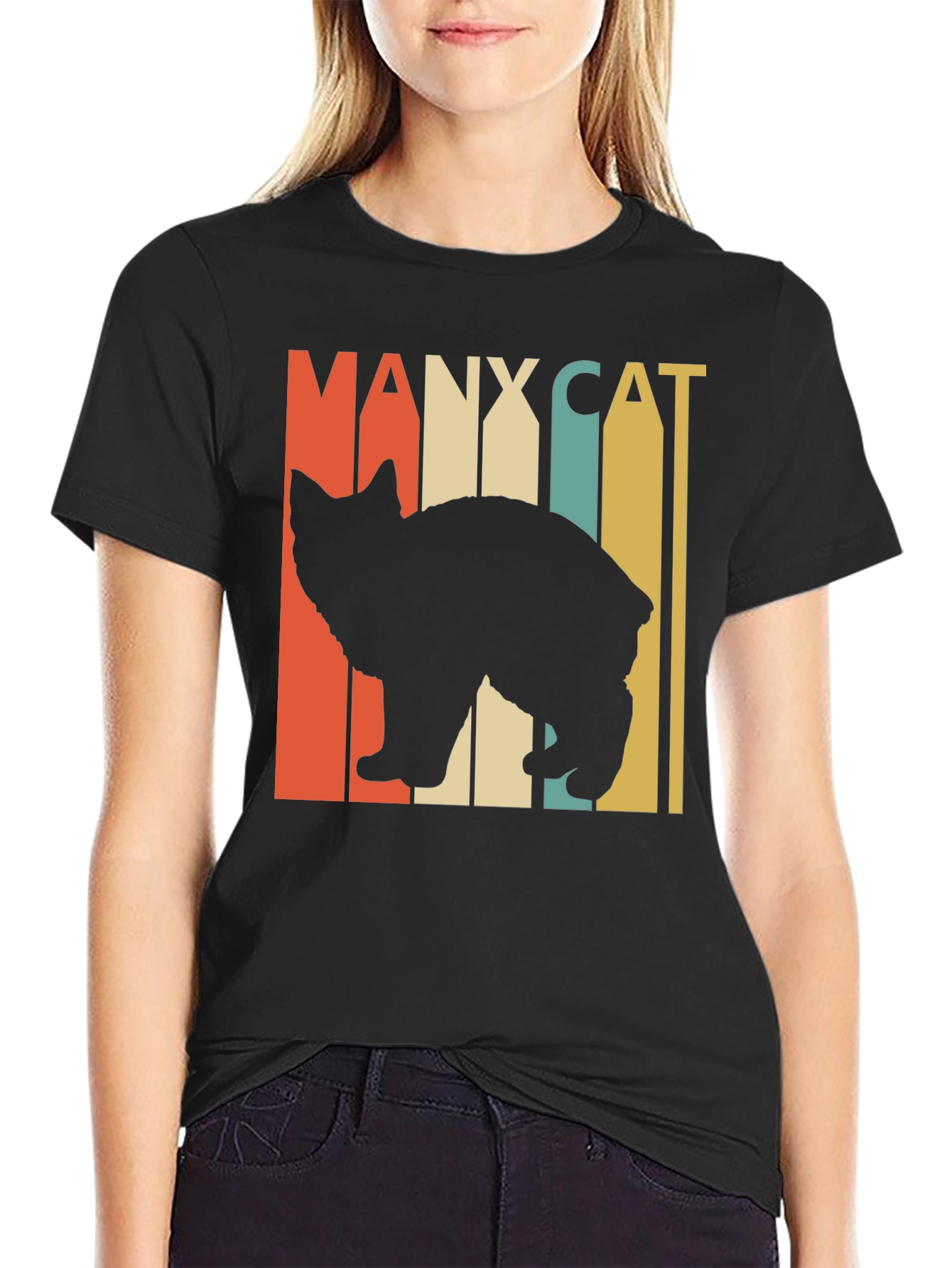 Black Manx Cat Retro Style T-Shirt - Vintage Design view 2
