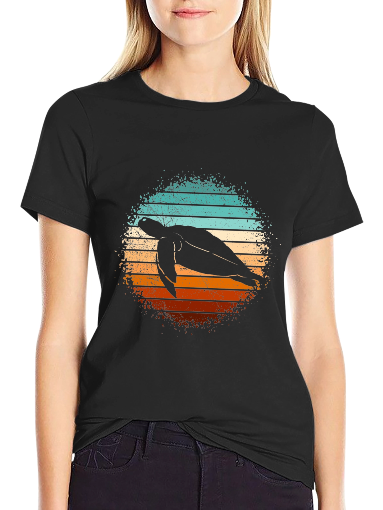 Black Retro Turtle T-Shirt - Vintage Sunset Design view 2