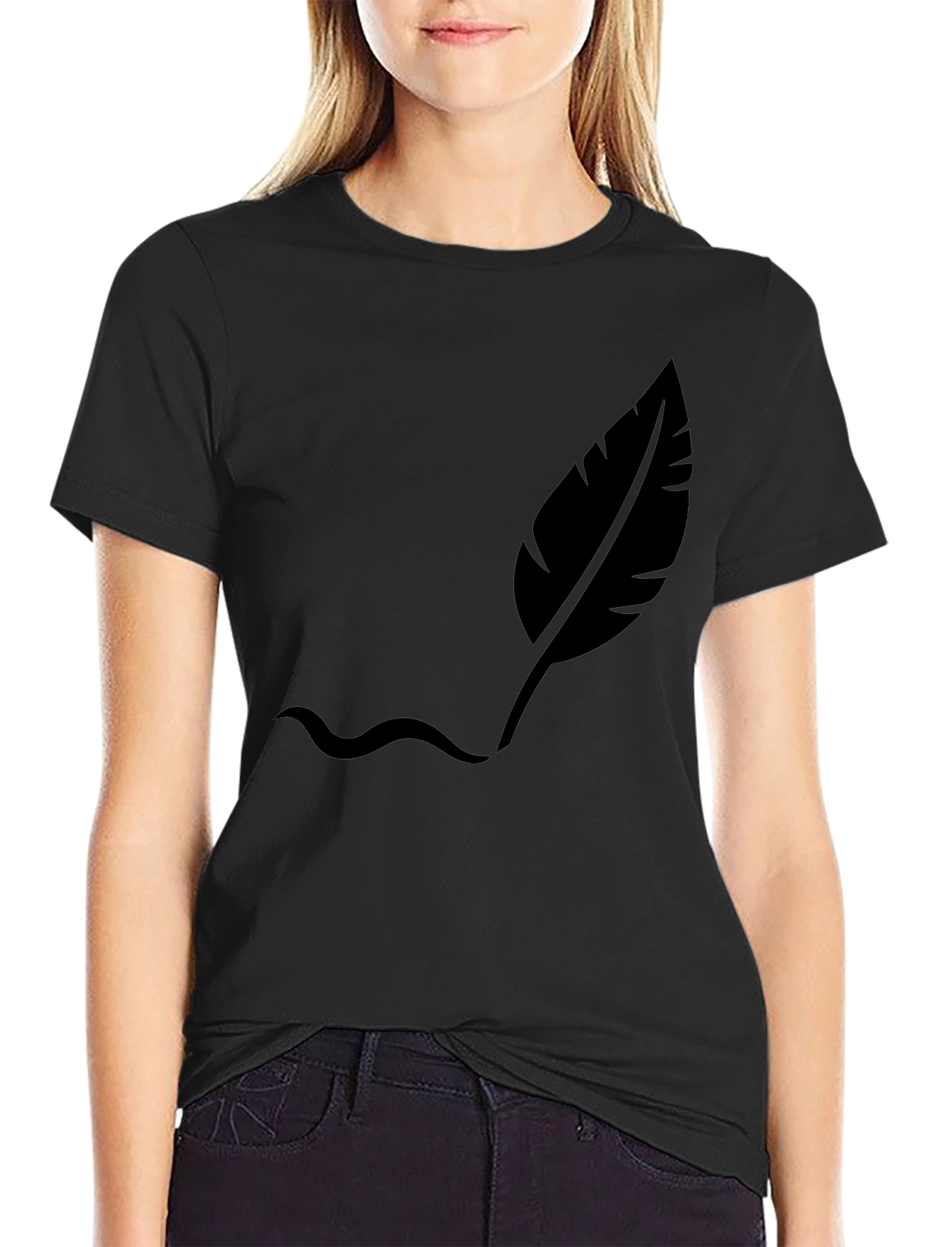 Black Men's Black T-Shirt with Feather Design view 2