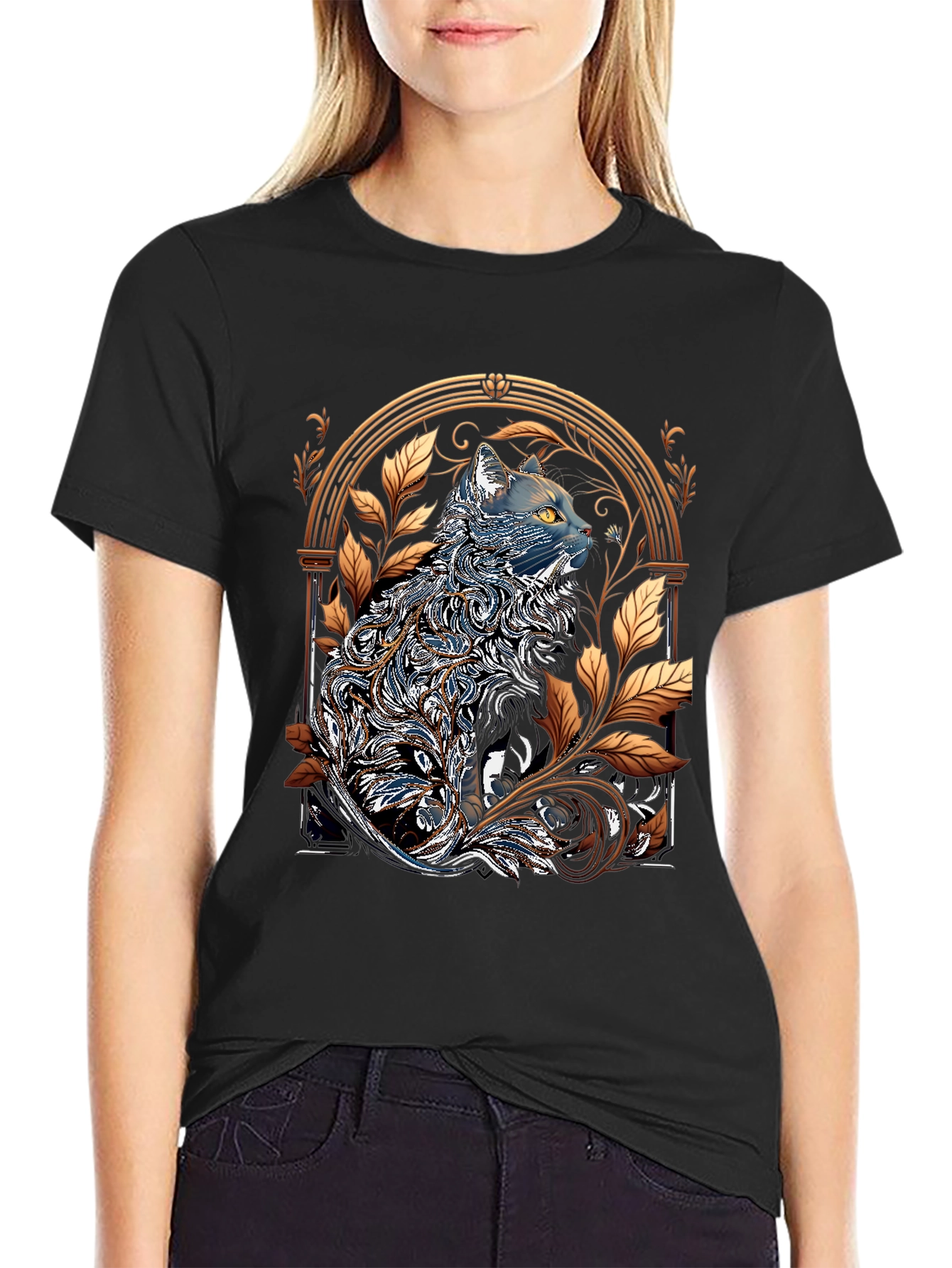Black Ornate Cat Design Black T-Shirt view 2