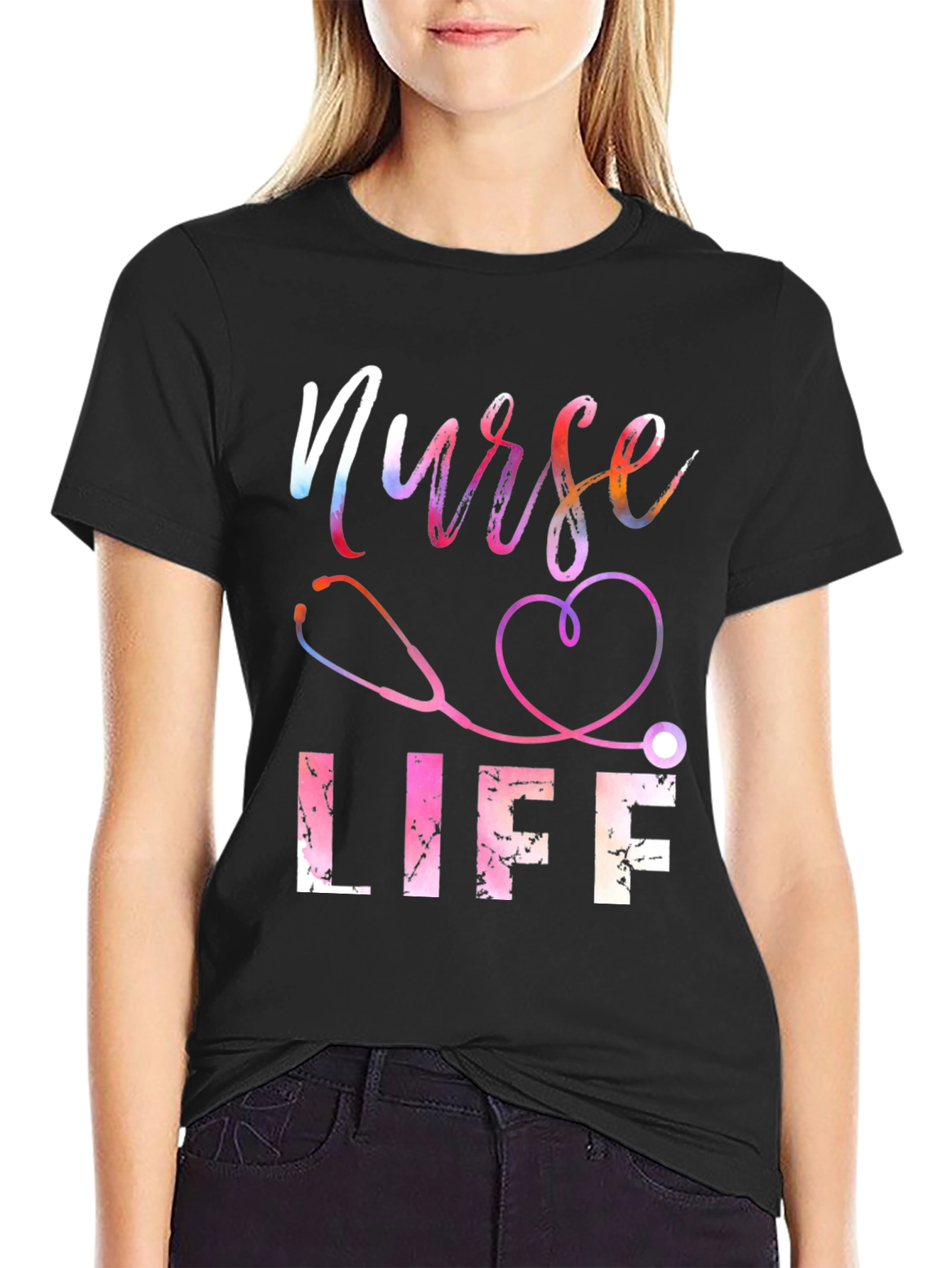 Black Nurse Life T-Shirt - Stethoscope Heart view 2