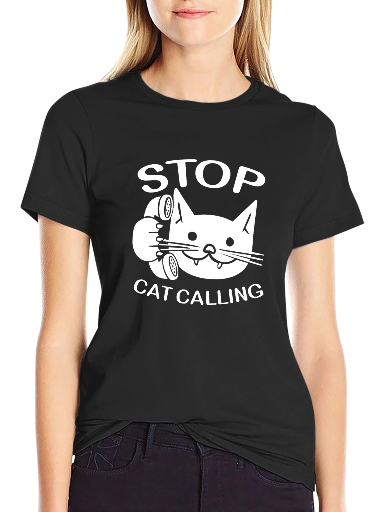 Black Stop Cat Calling Funny Novelty T-Shirt view 2
