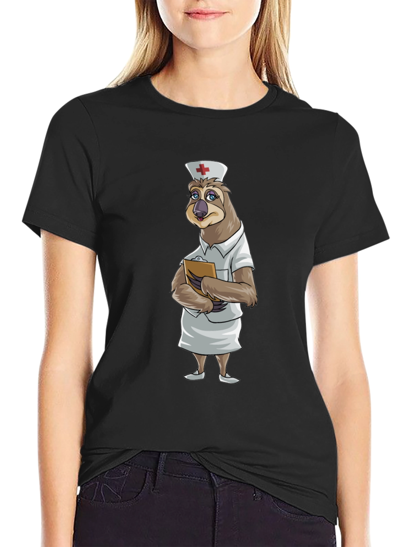 Black Sloth Nurse T-Shirt - Funny Cartoon Animal Tee view 2