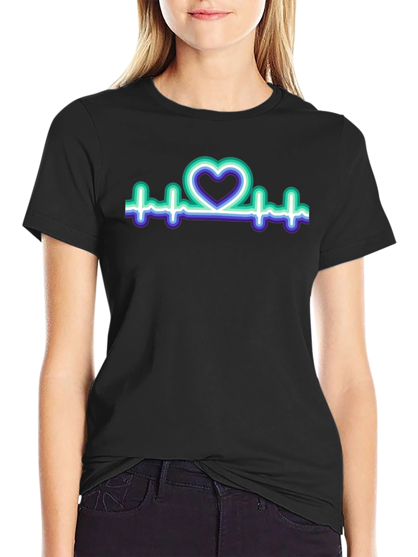 Black Heartbeat Heart T-Shirt view 2