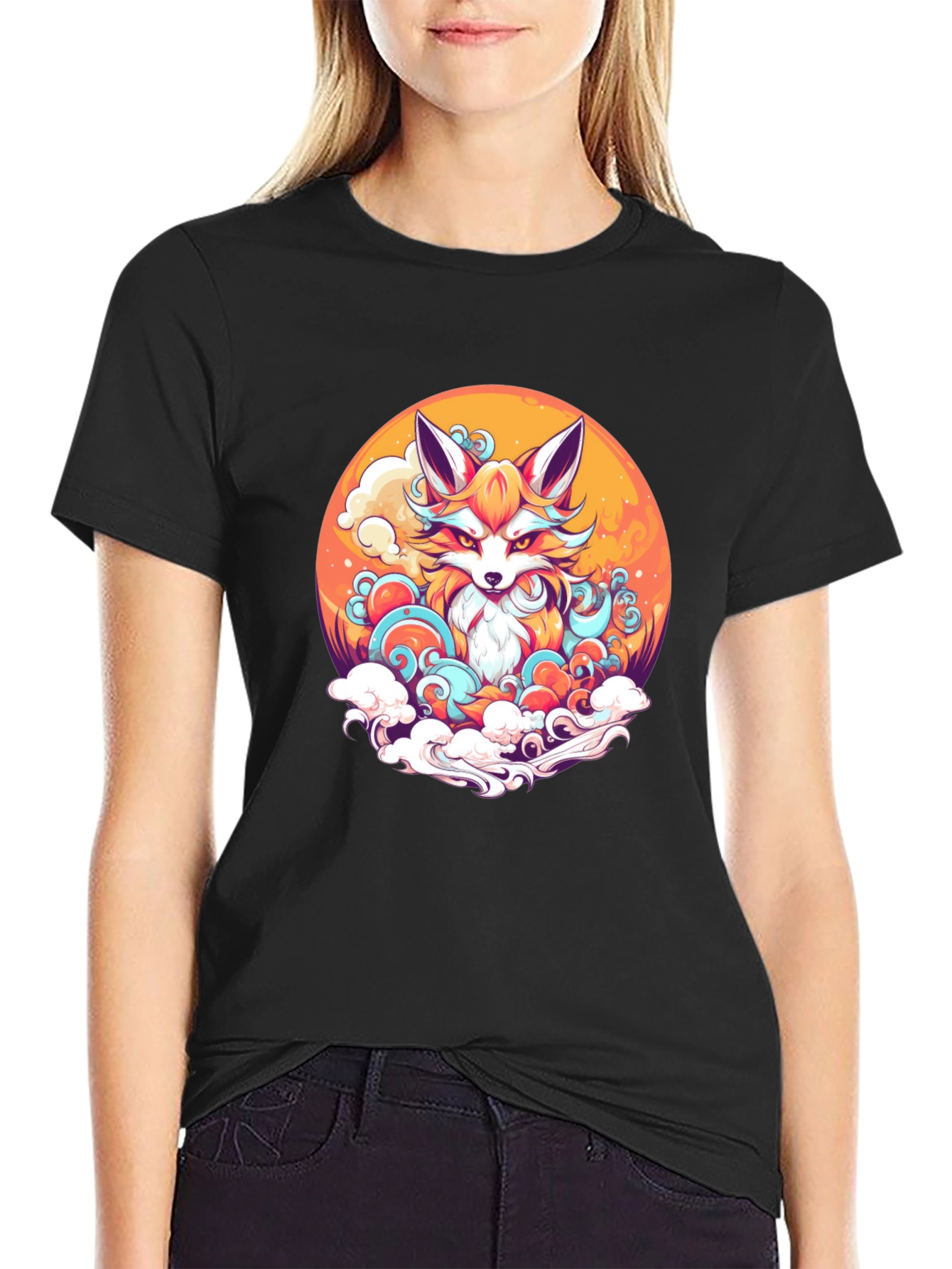 Anime Fox Graphic Black T-Shirt - 2