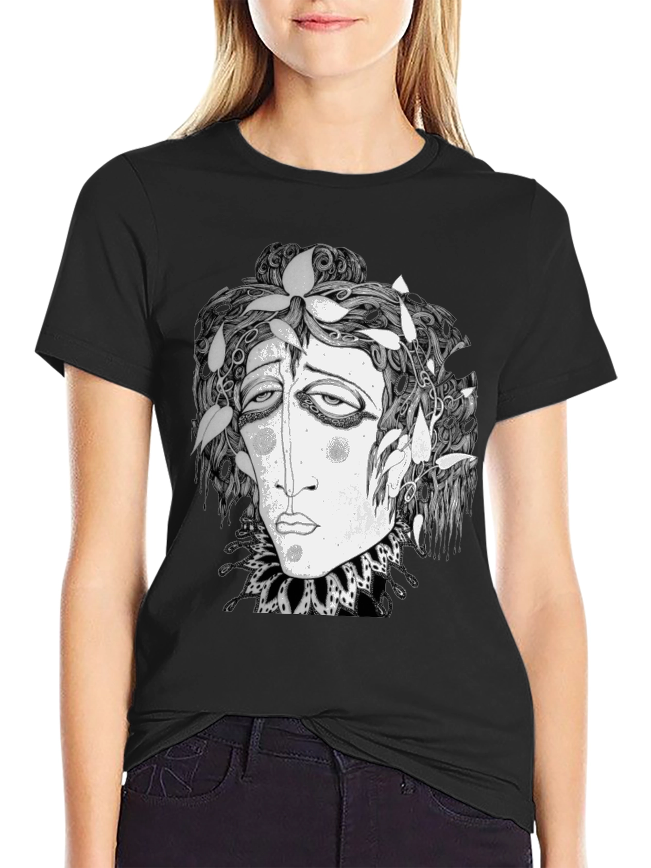 Black Surreal Face Graphic Print Black T-Shirt view 2