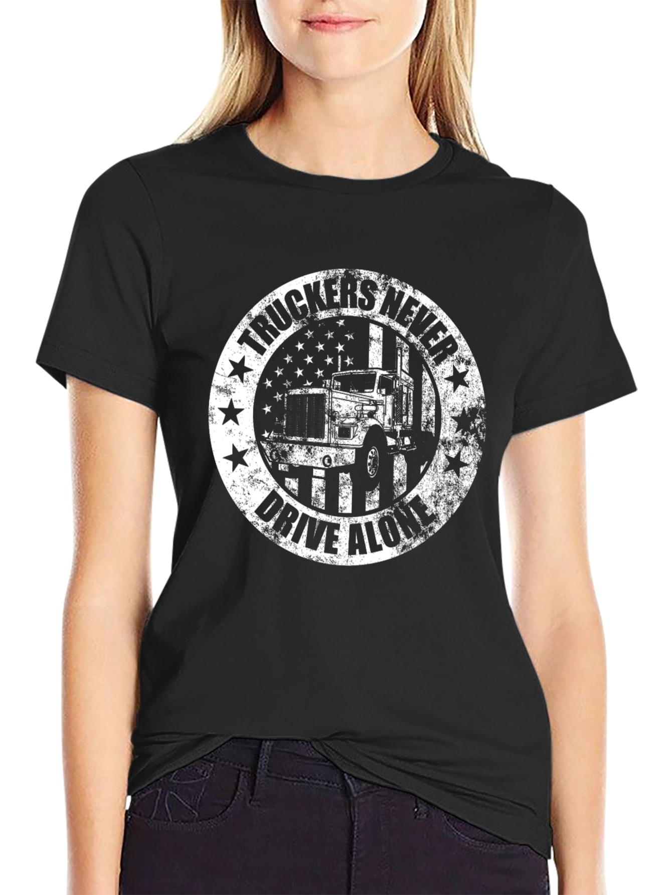Black Truckers Never Drive Alone Black T-Shirt view 2