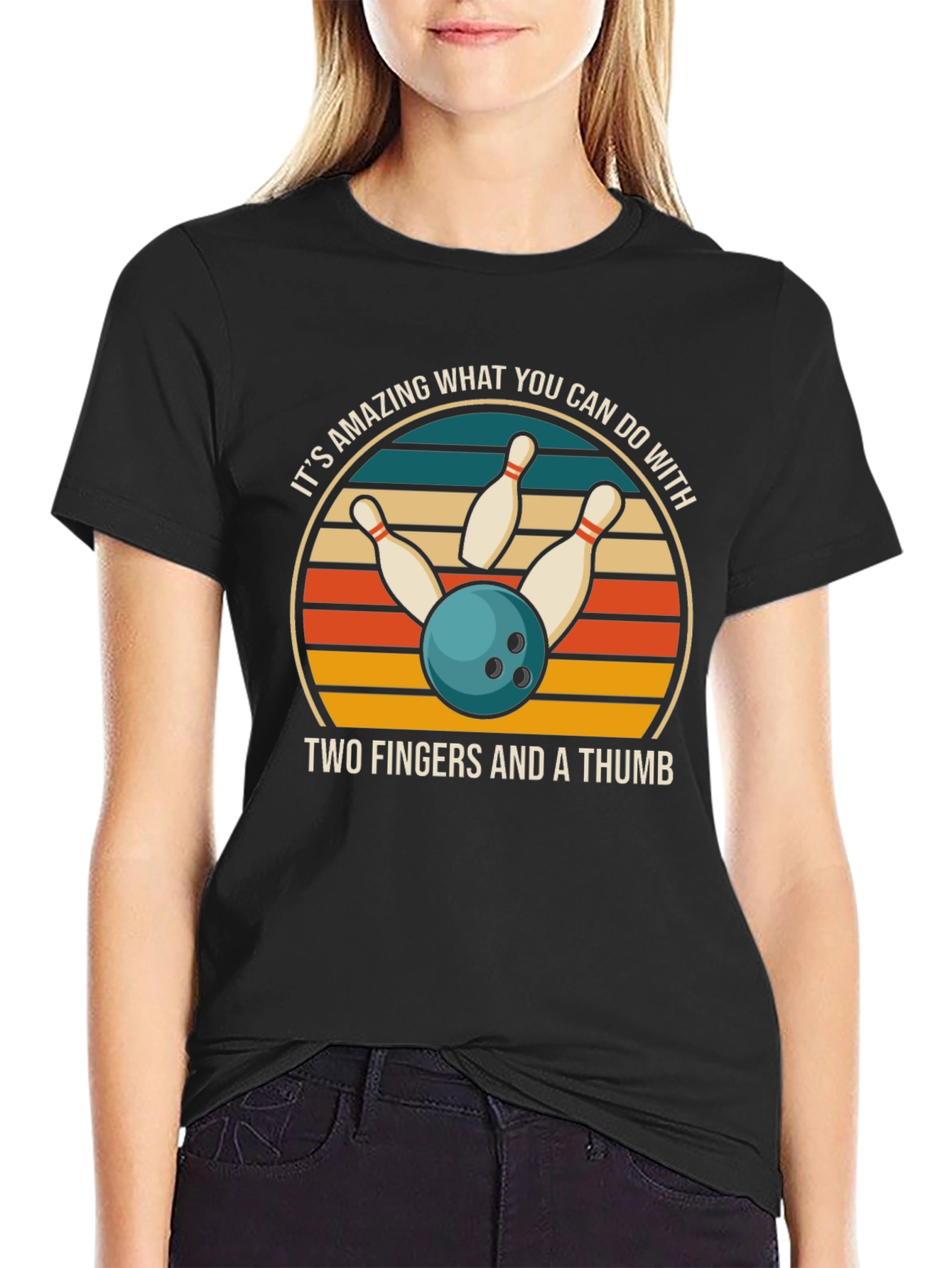 Black Bowling T-Shirt: Two Fingers & A Thumb view 2