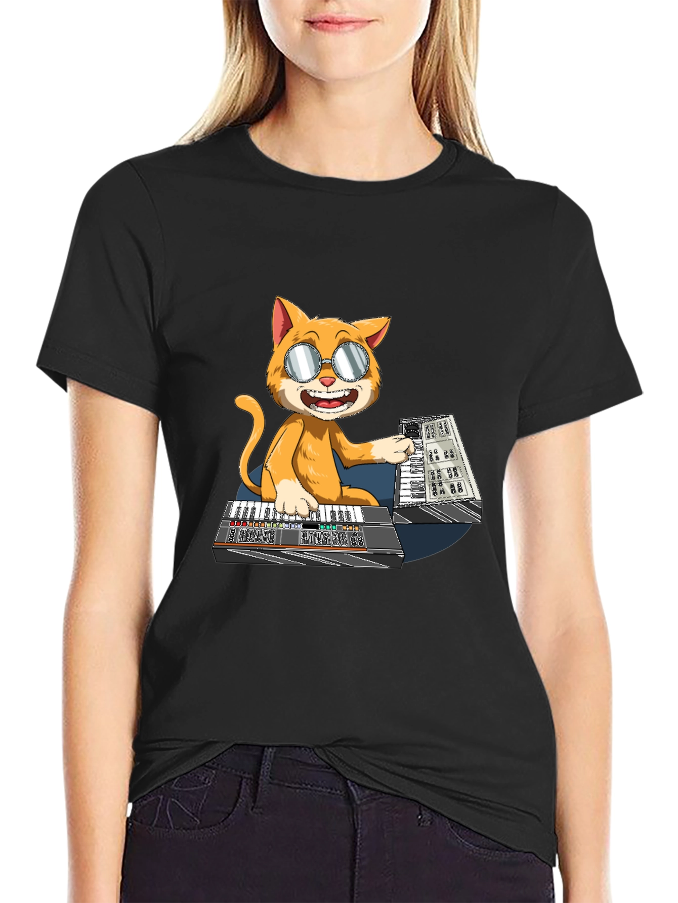 Black Cool Cat Keyboardist T-Shirt view 2