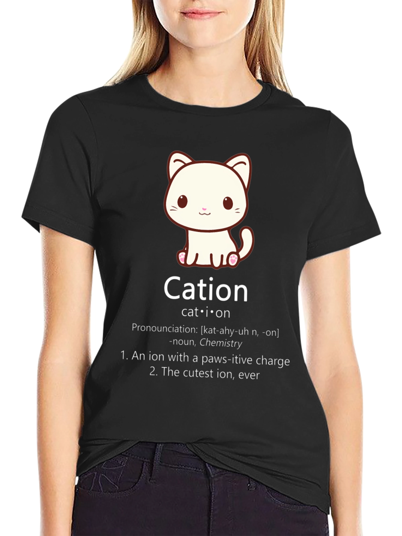 Black Cation Cat Pun T-Shirt Funny Chemistry Science Tee view 2