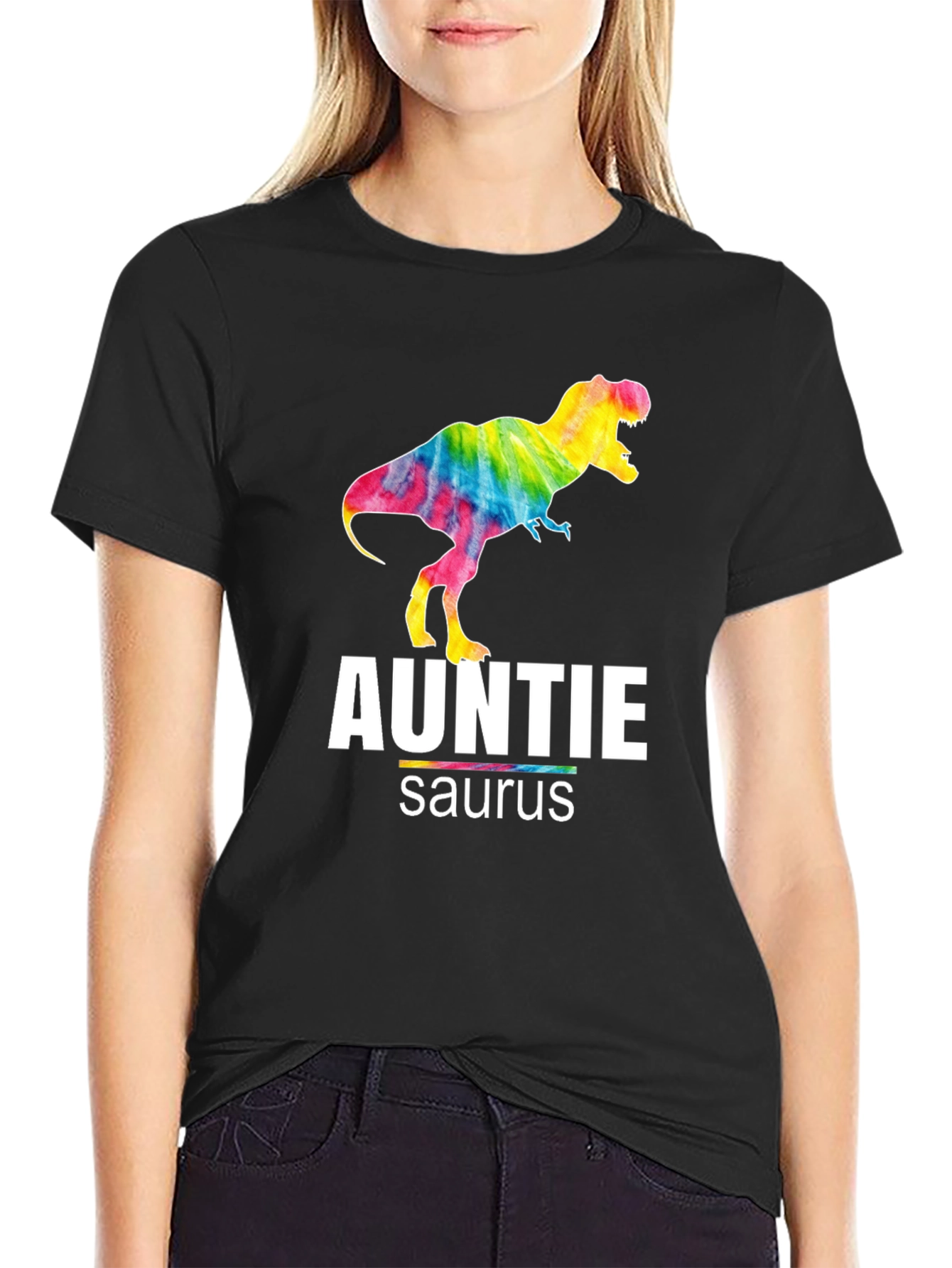 Black Auntie Saurus T-Rex Tie Dye Graphic T-Shirt view 2