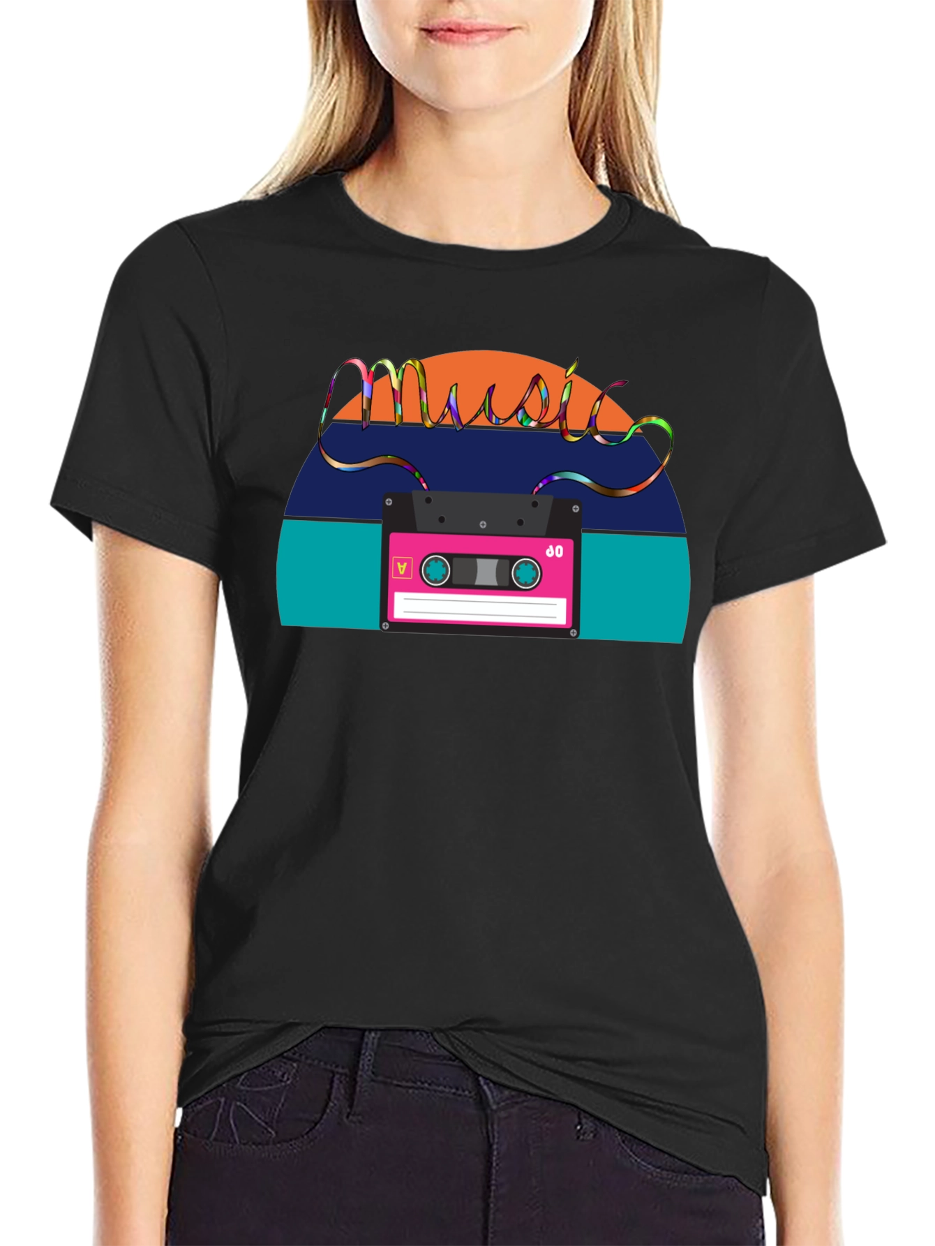 Black Retro Music Cassette T-Shirt - Vintage 80s Style view 2