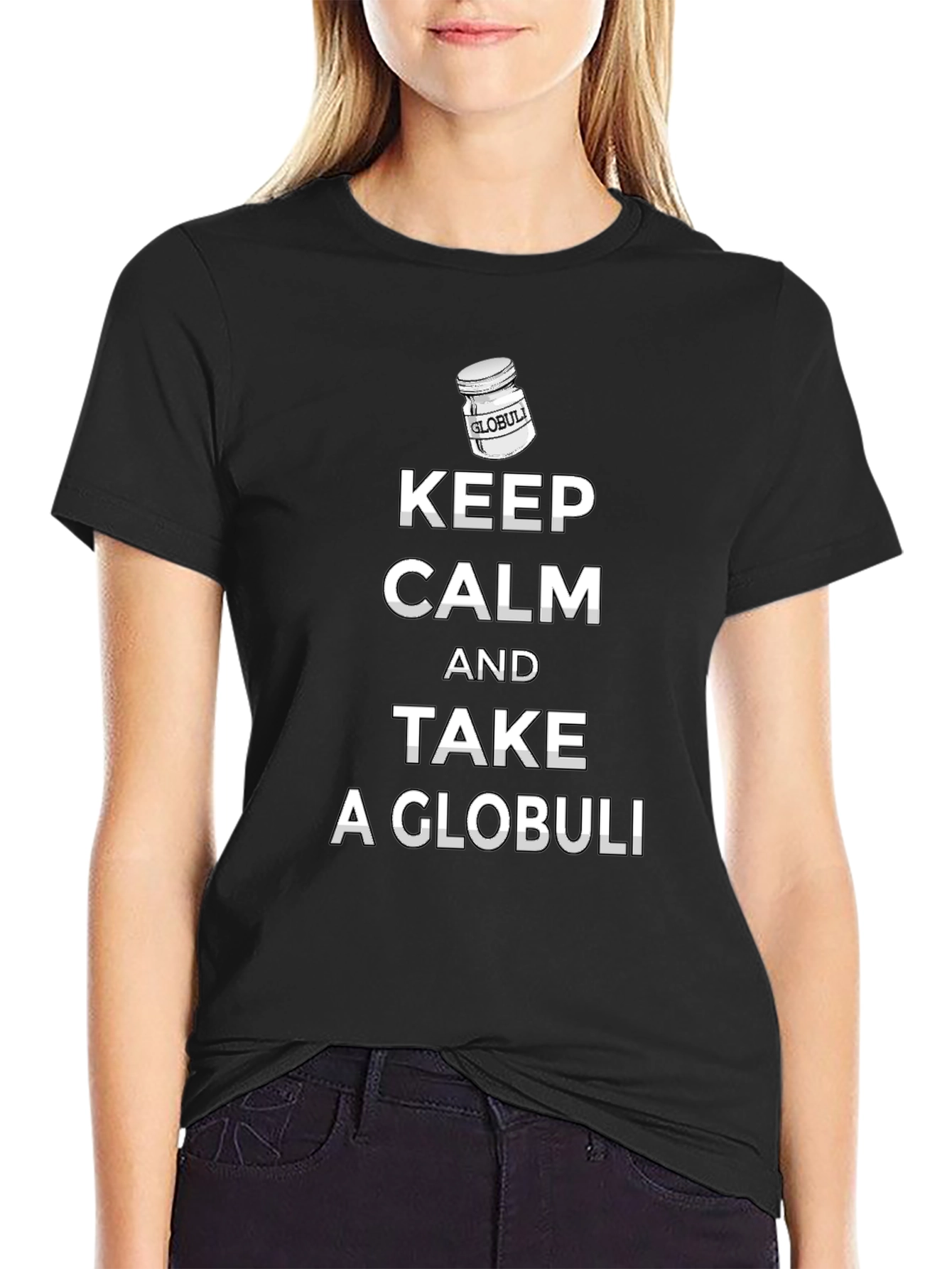 Black Keep Calm and Take a Globuli T-Shirt view 2
