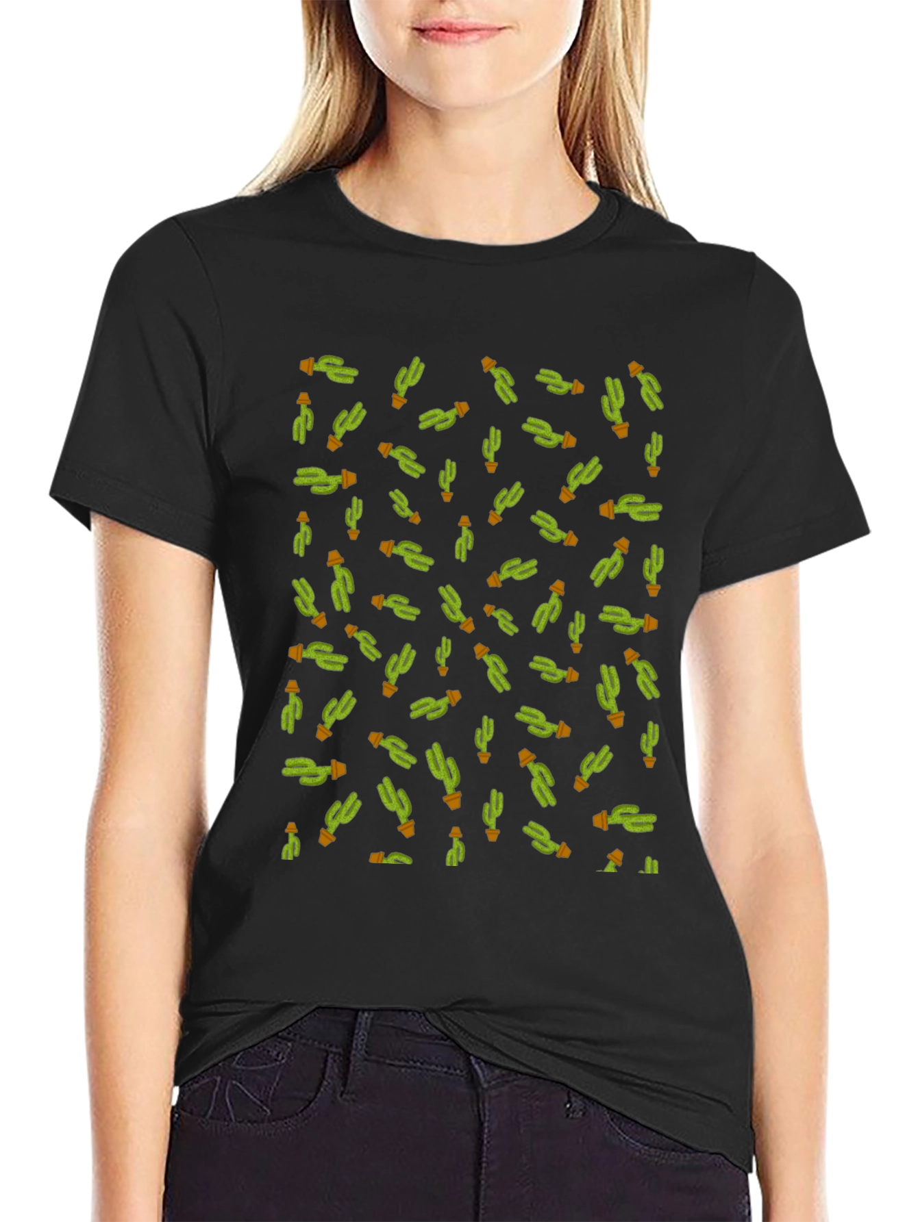 Black Cactus Print Men's Black T-Shirt view 2
