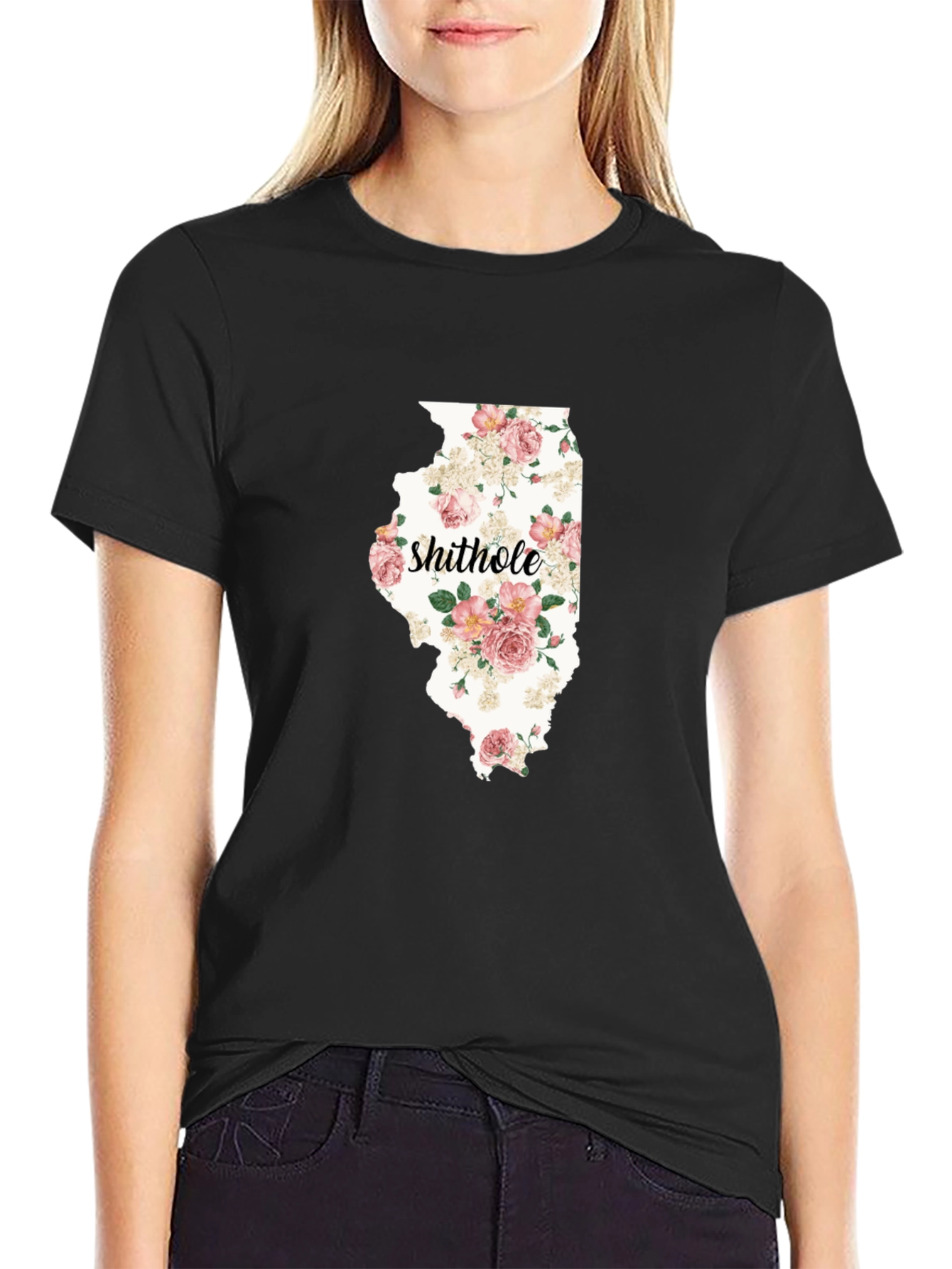 Black Illinois Floral T-Shirt: 'Shithole' State Pride view 2