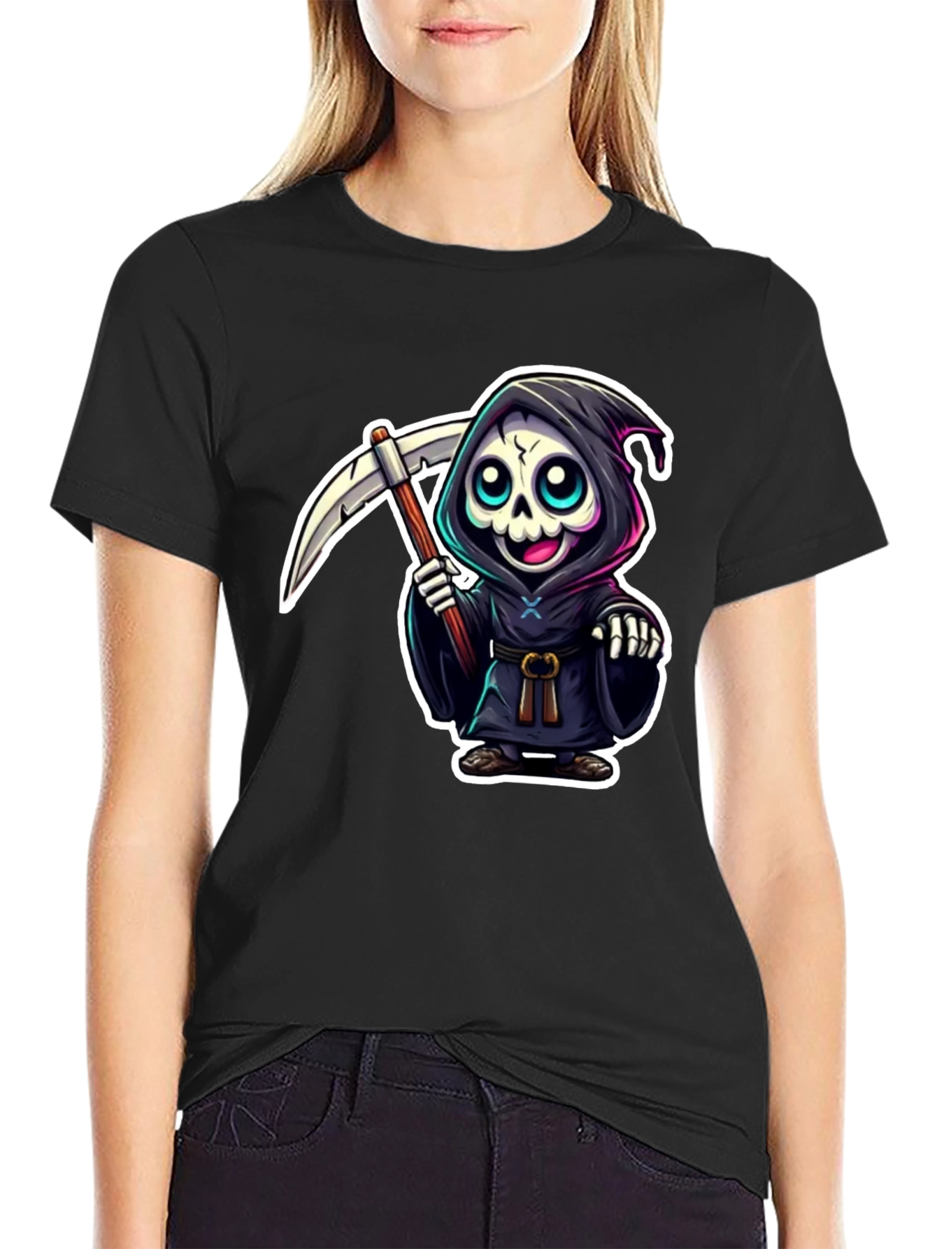 Black Grim Reaper Cartoon Graphic Black T-Shirt view 2