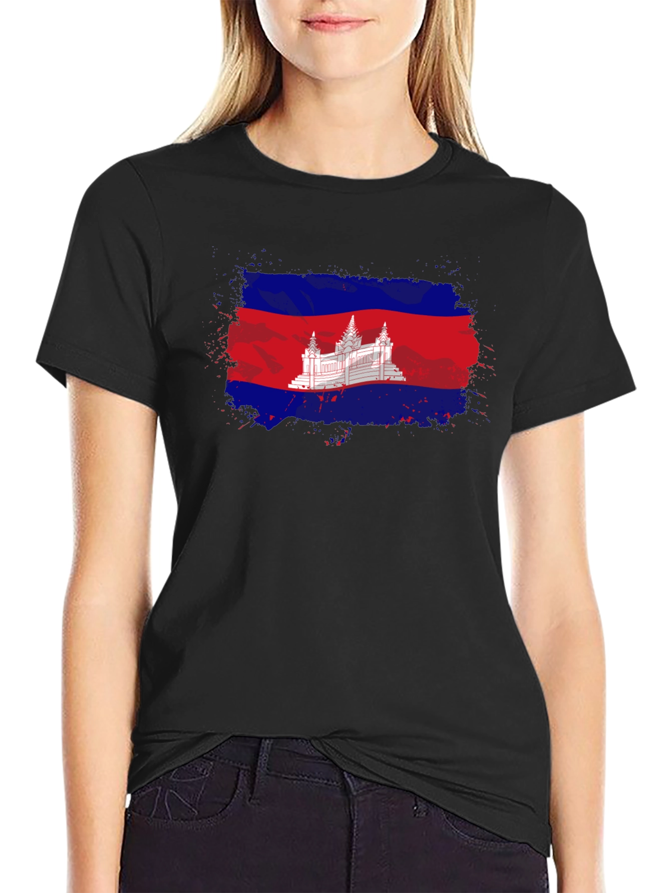 Black Cambodia Flag T-Shirt: Distressed Graphic Tee view 2
