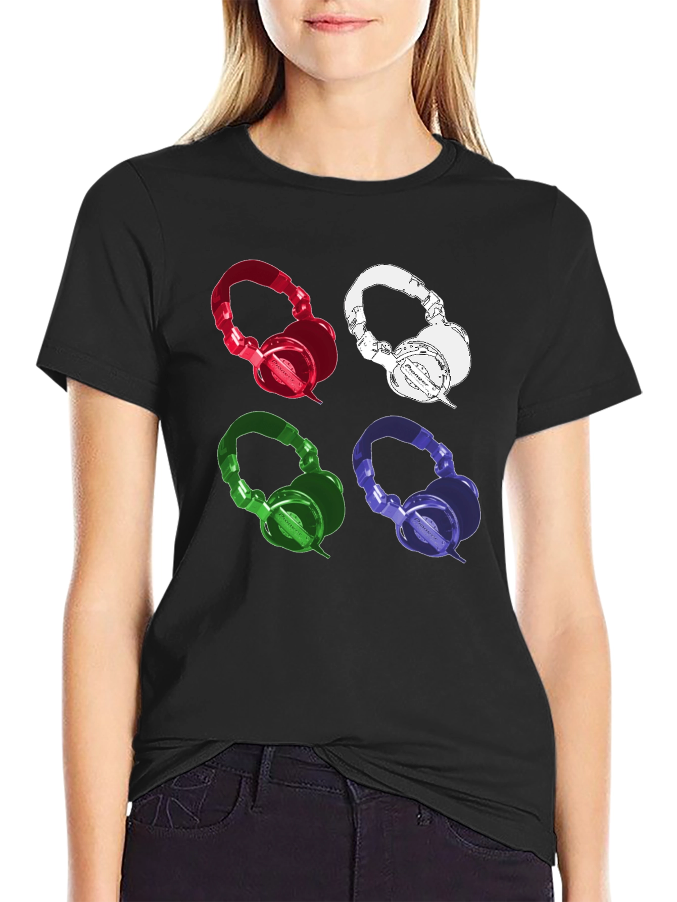 Black Colorful Headphones Graphic Print Tee view 2