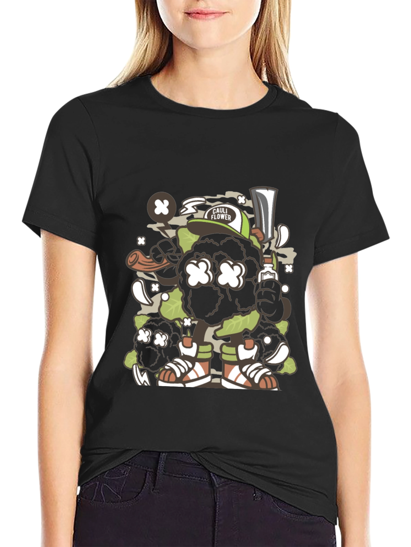 Black Cauliflower Cartoon Graphic Black T-Shirt view 2