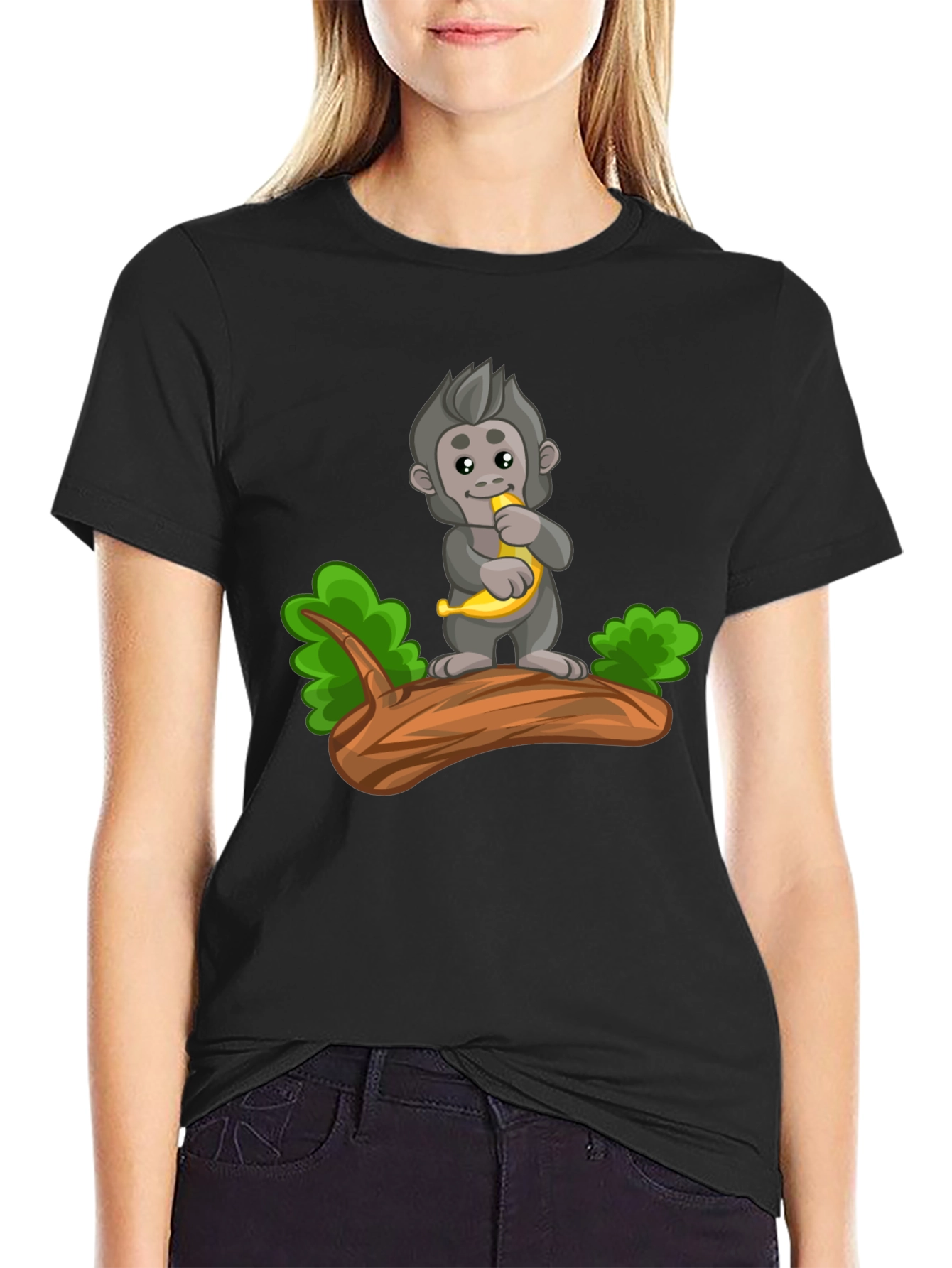 Black Monkey Banana Cartoon Black T-Shirt view 2