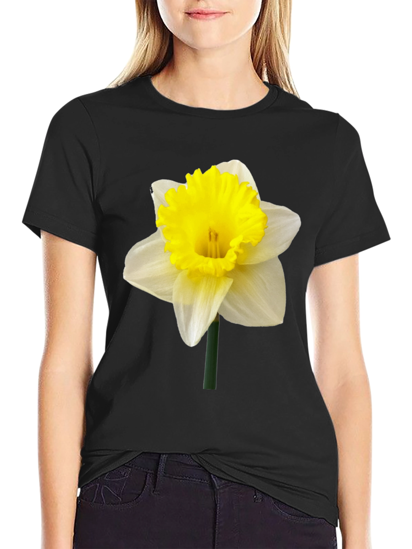Daffodil Flower Graphic T-Shirt - Black Casual Tee - 2