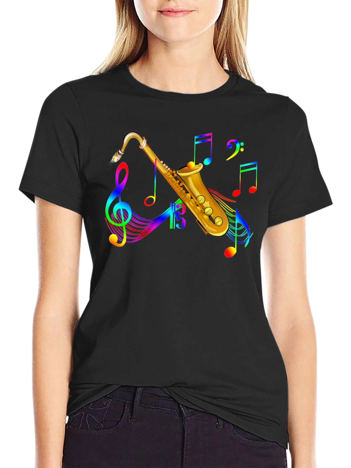 Black Rainbow Saxophone Music Notes Black T-Shirt view 2