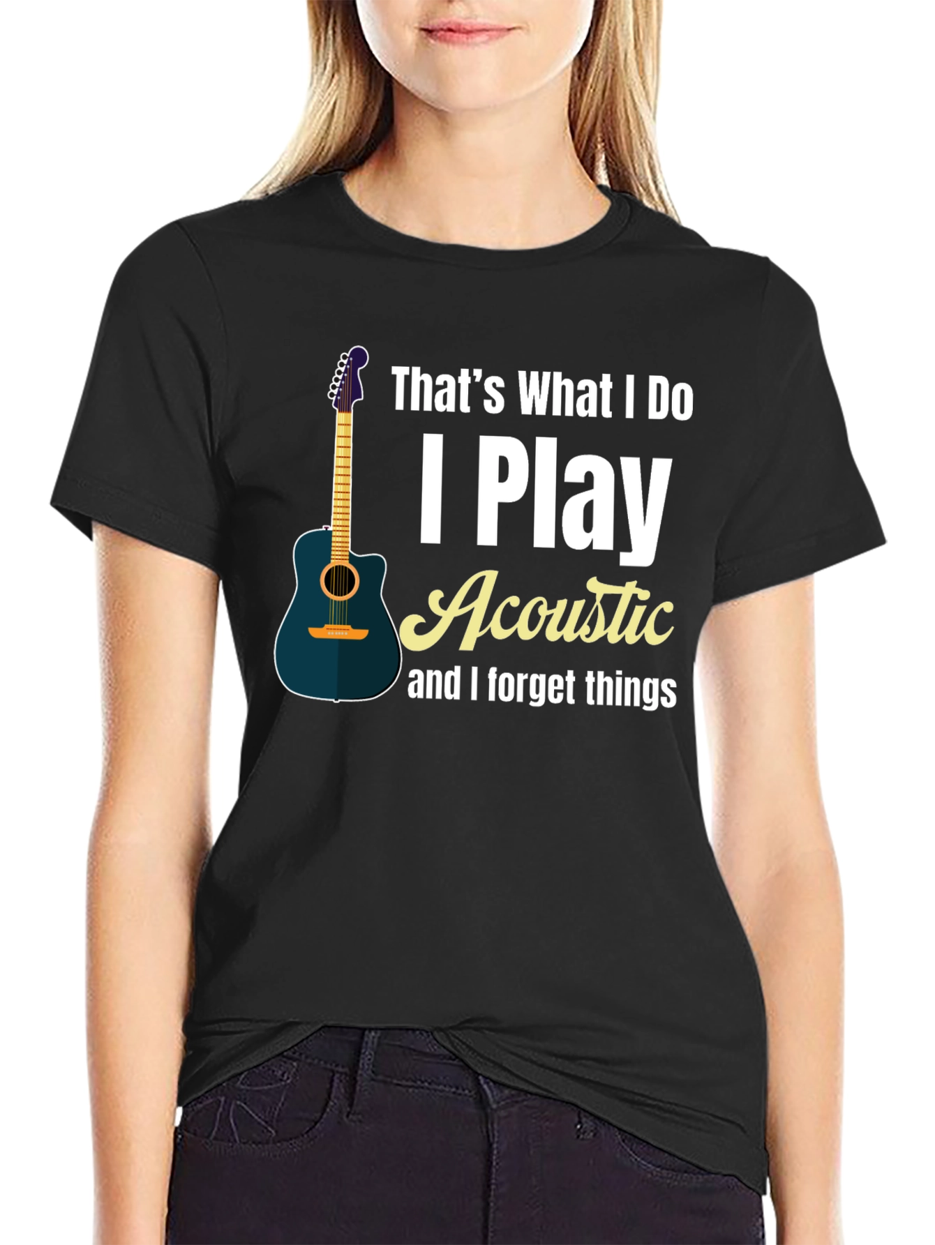 Black Acoustic Guitar Player Black T-Shirt view 2