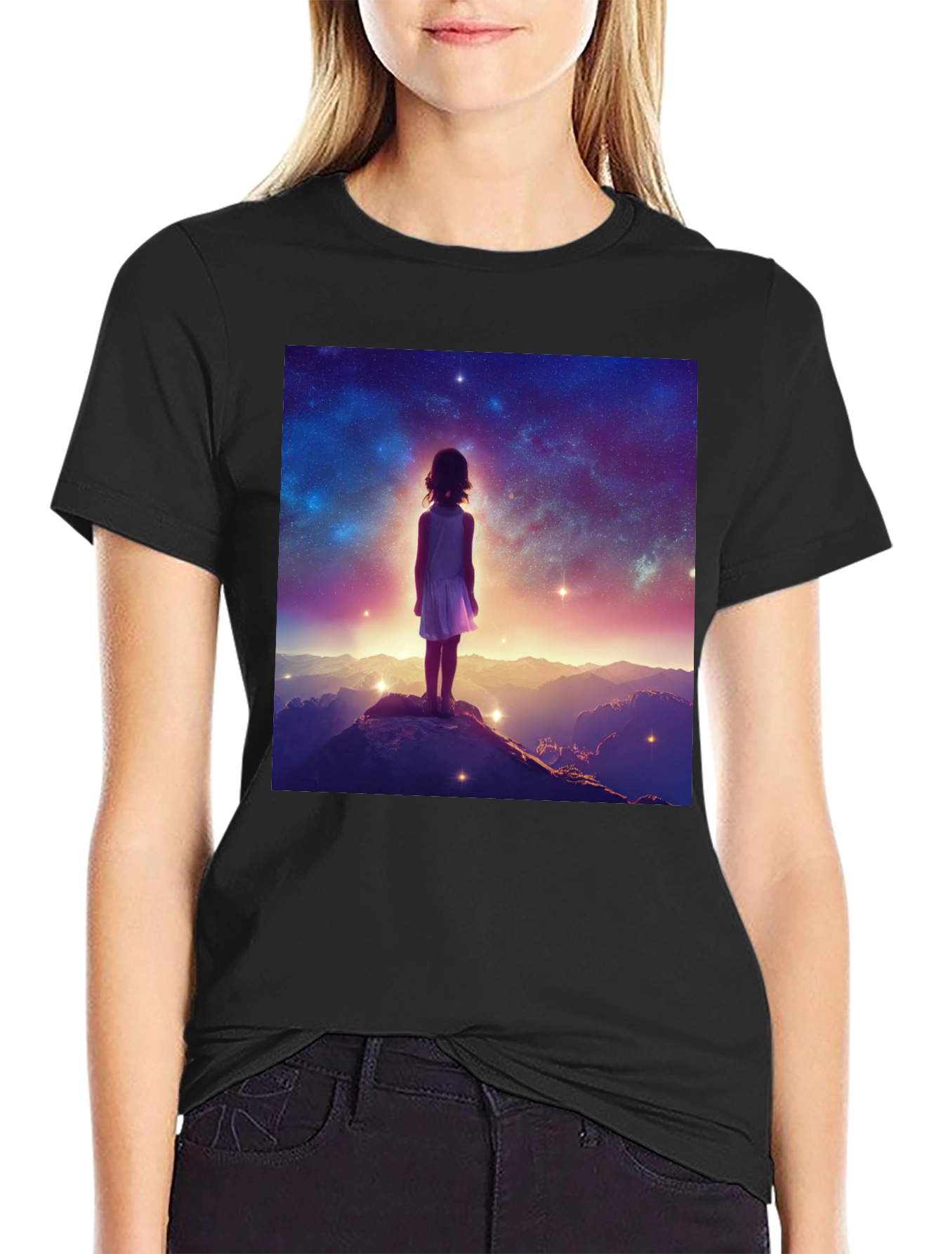 Black Cosmic Dreamer Graphic Tee - Black Cotton Blend view 2