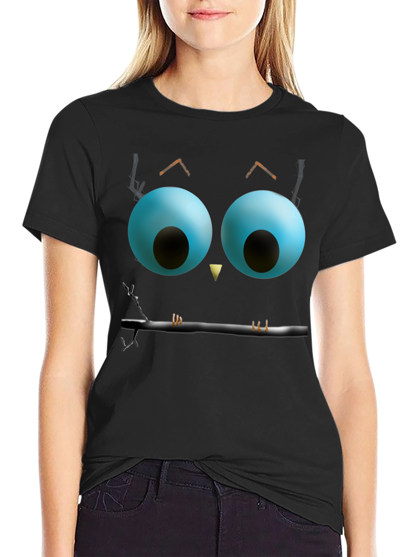 Black Whimsical Owl Face Graphic Tee - Black view 2